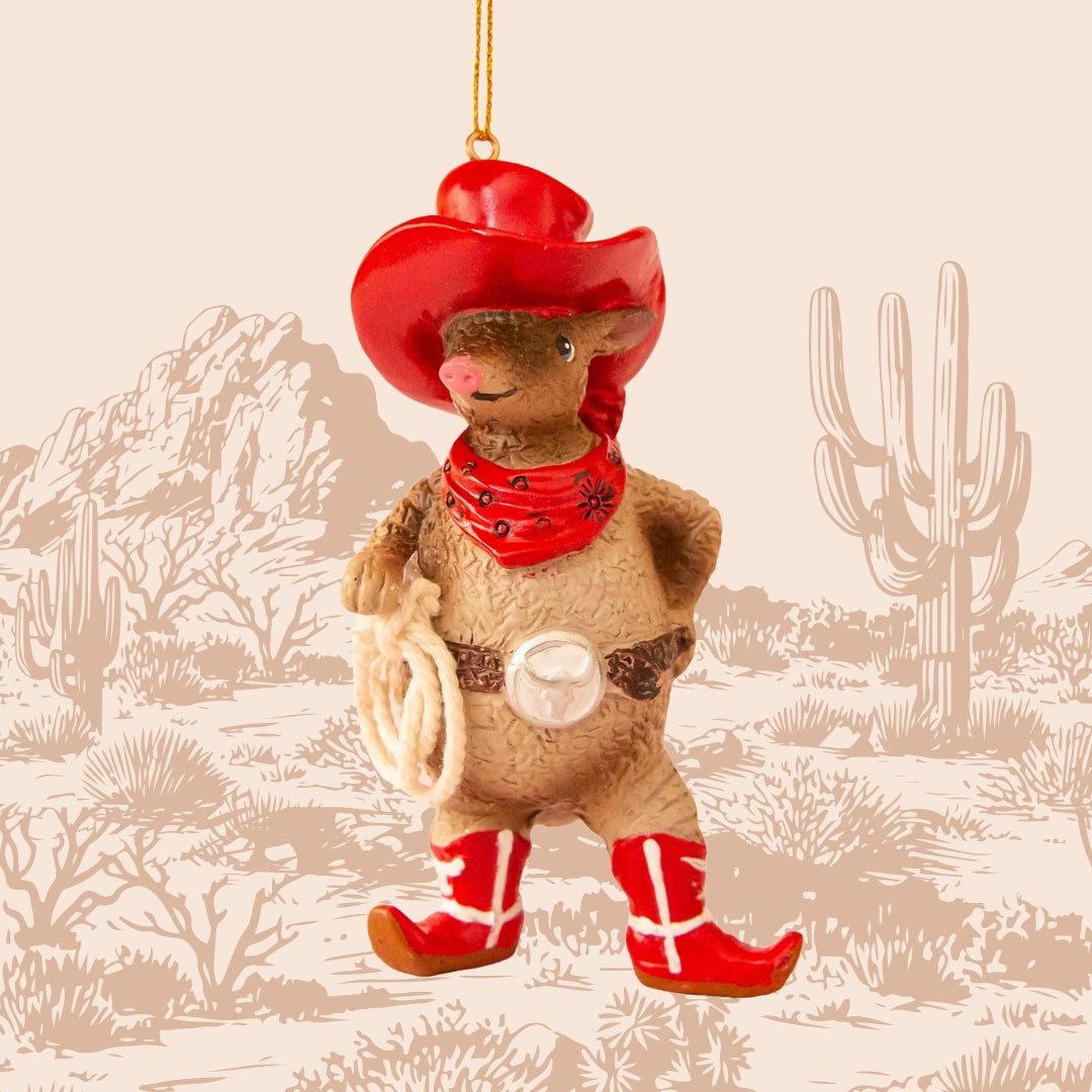 A brown resin armadillo shaped ornament dressed in a red western outfit. 