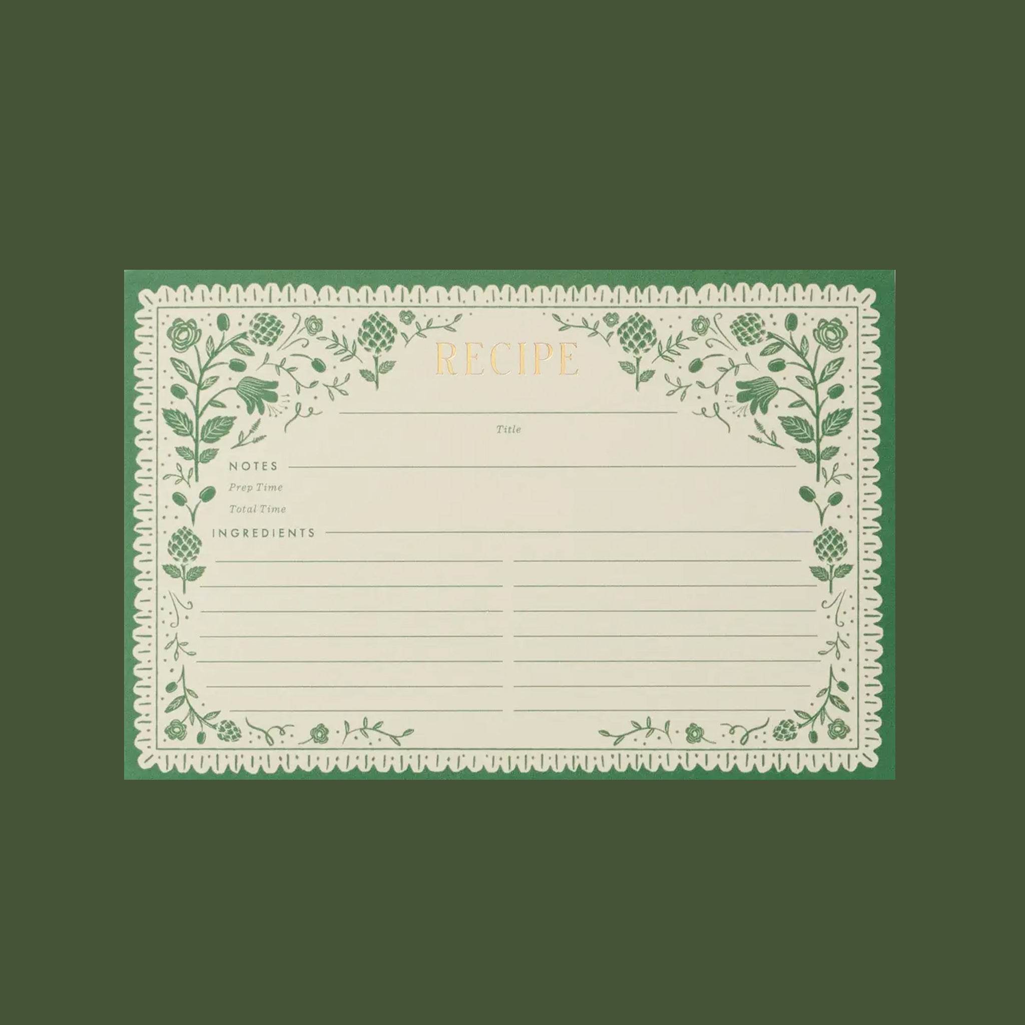 A set of ivory and green floral print bordered recipe cards with gold foil text at the top that reads, 'Recipes' and lines underneath with space for 'Notes', 'Prep Time', 'Total Time' and 'Ingredients'. 