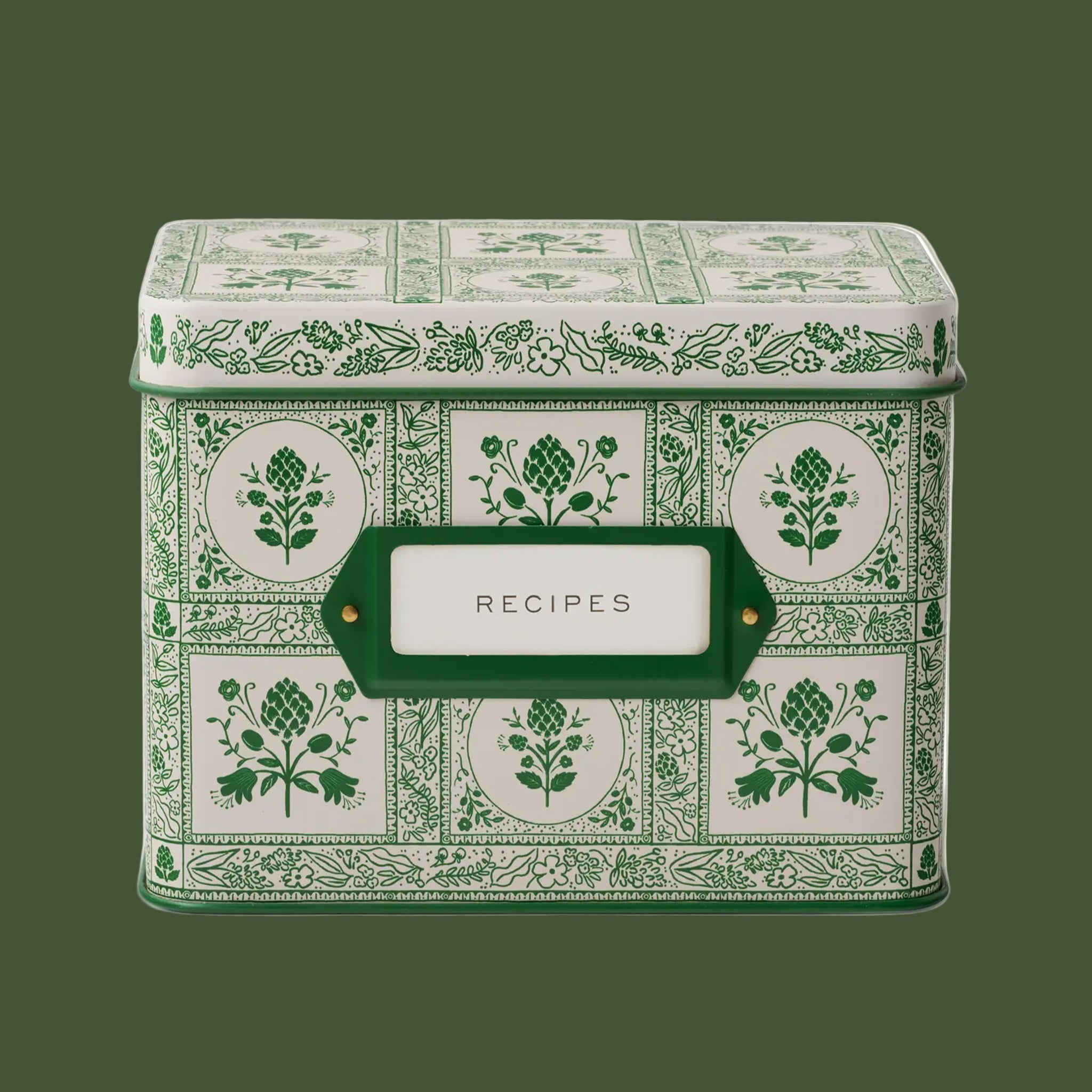 A green and ivory recipe tin with a floral pattern and label in the center that reads, 'Recipes'. 