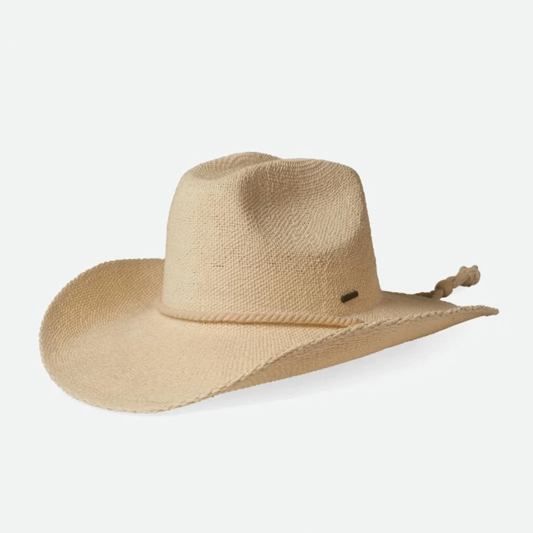 A bone colored straw cowboy style hat with a rope neck tie detail.