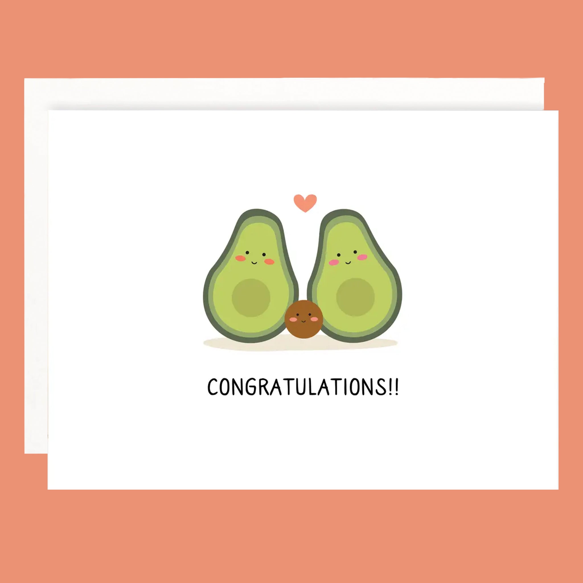 Card with two smiling avocados and a baby avocado, with 'Congratulations!!' text on a white background.