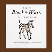 A white children's book with a graphic of a black and white zebra and text that reads, 'Baby's Black & White Contrast Book'. 
