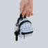 A blue and white gingham print backpack shaped mini bag charm with black details. 
