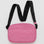 a bright pink rectangle shaped bag with black strap