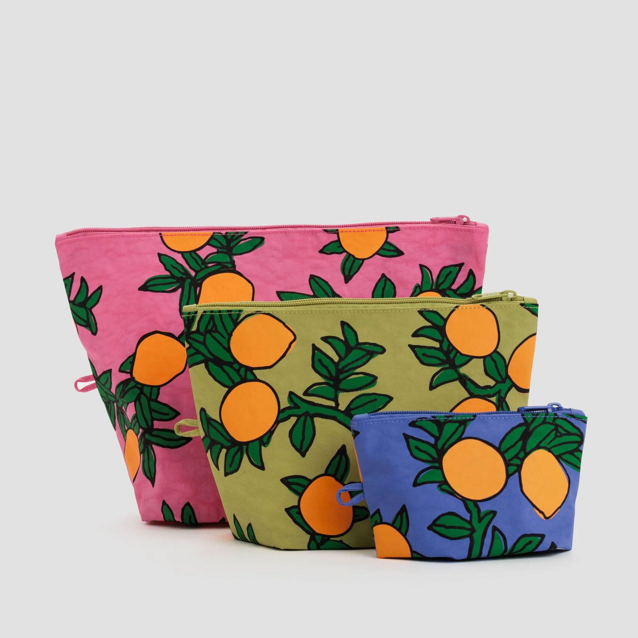 three pouches with orange tree print - one small blue, one medium green, and one large pink