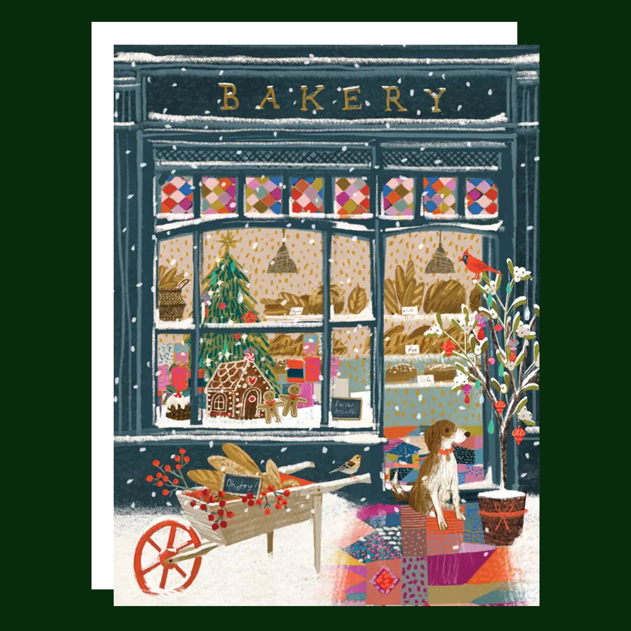 A colorful card with an illustration of a holiday bakery and text above that reads, 'Bakery'.