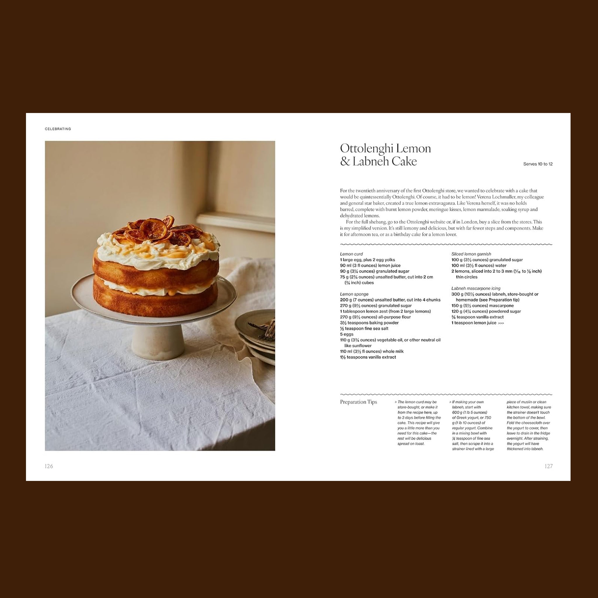 The inside of the book showing a cake photograph and "Ottolenghi Lemon & Labneh Cake". 