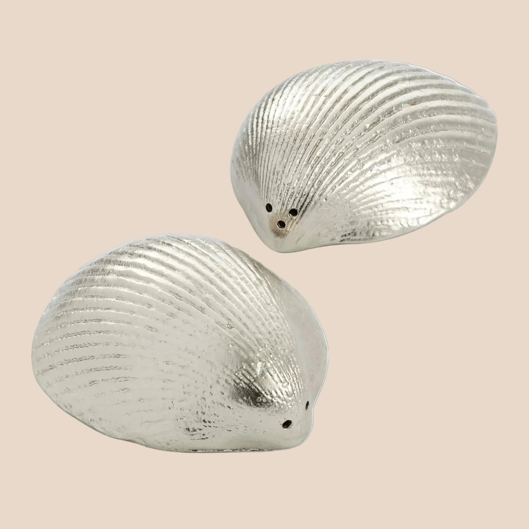 A silver pair of  shell shaped salt and pepper shakers. 