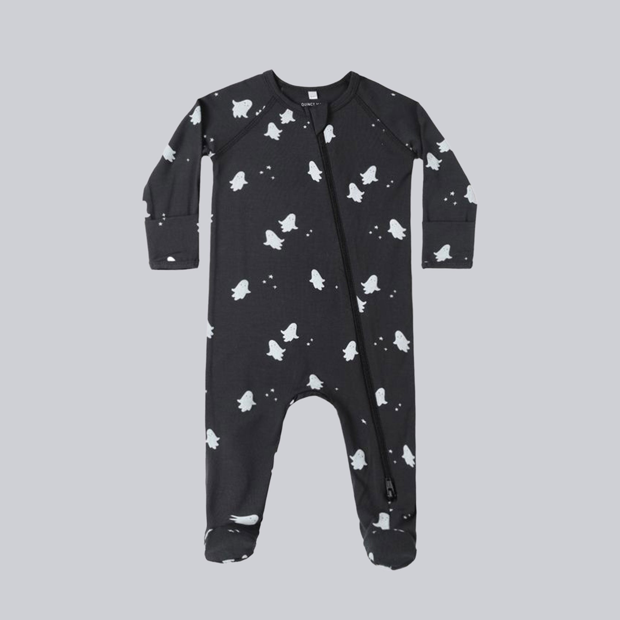 Black footed onesie for babies. The onesie has a zipper and little white ghosts as the print. 