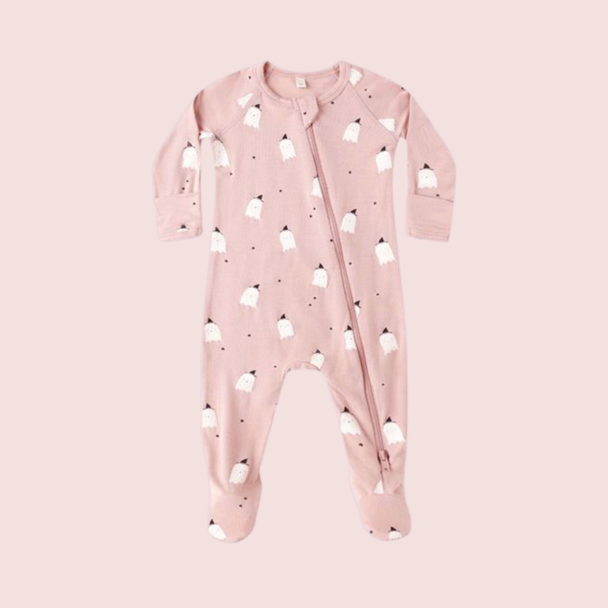 Pink footed onesie for babies. The print is small white ghosts with black witch hats. The onesie has a zipper.