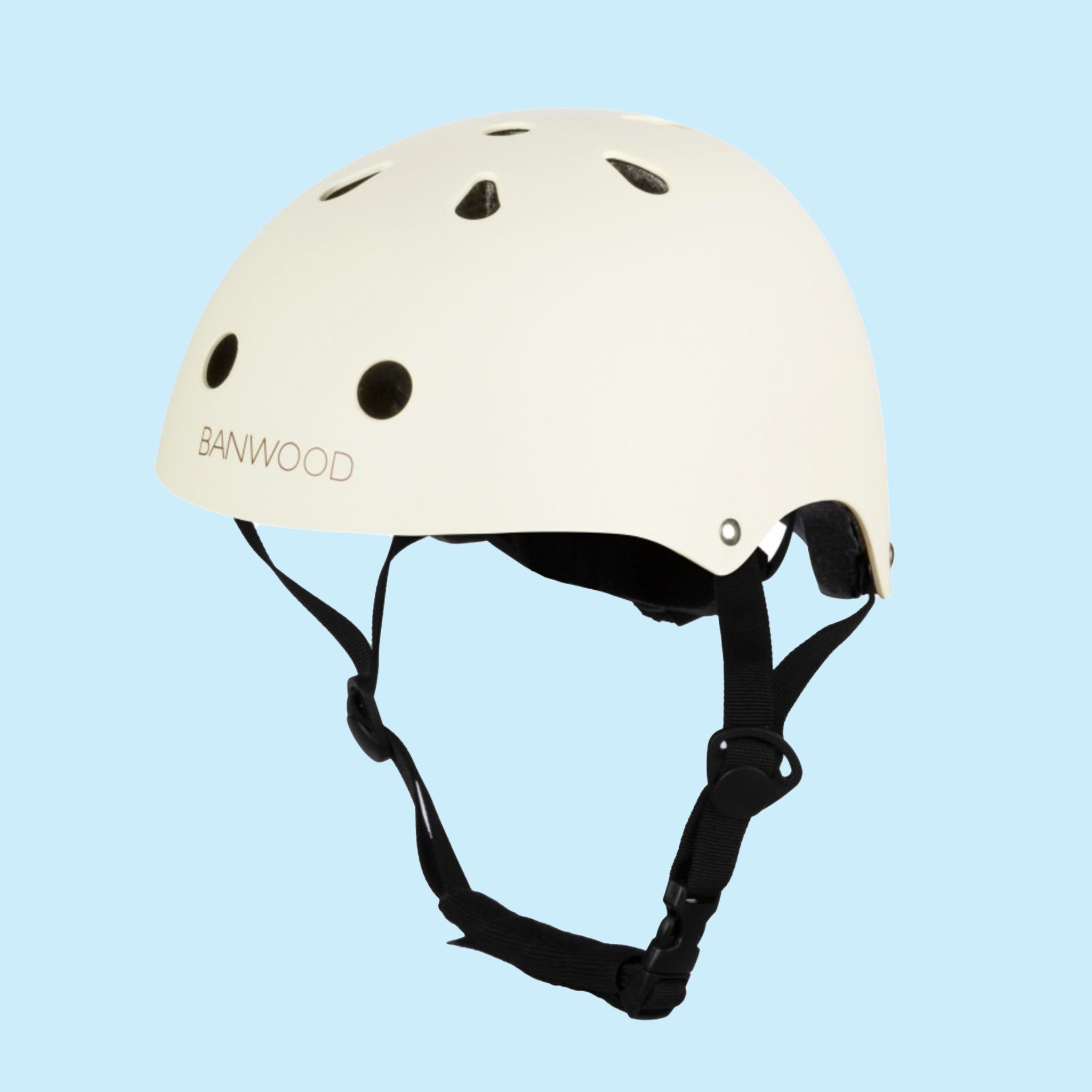 On a blue background is an ivory helmet with a black chin strap. 