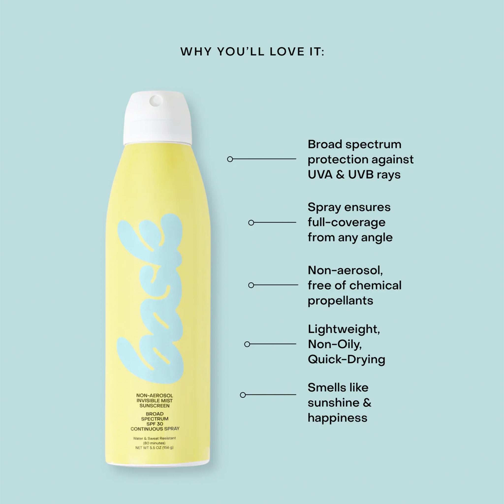 A yellow bottle of spray sunscreen with pink text that reads, "bask".