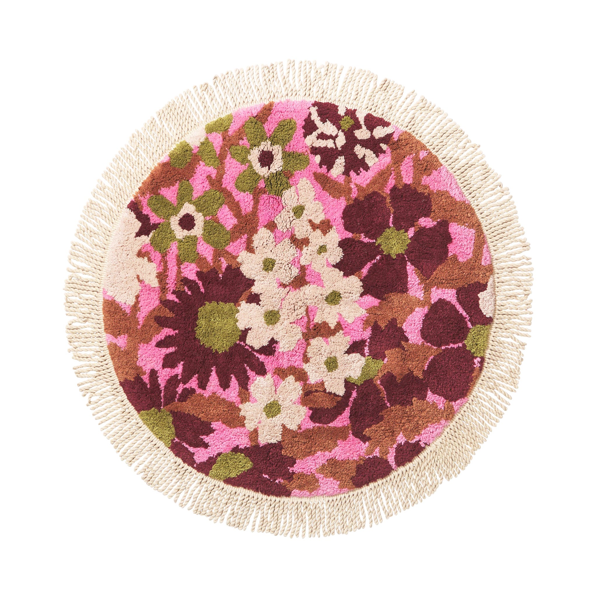 A pink, green and white floral print circular bath mat with a fringe detail around the edge.