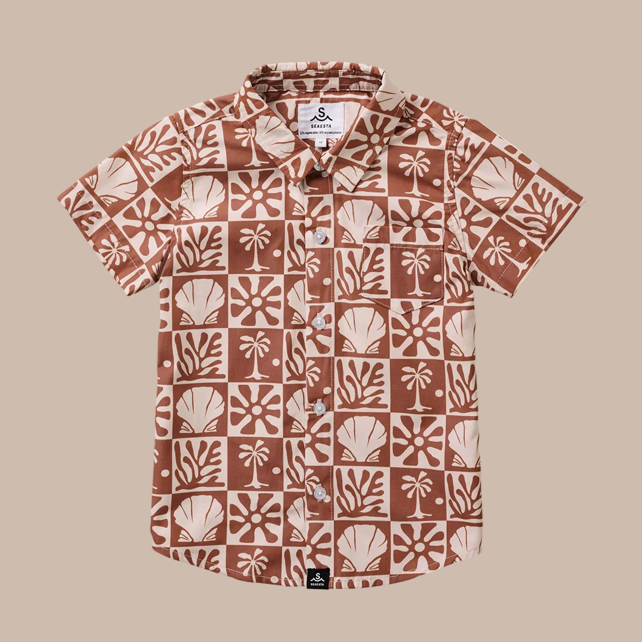 A brown and tan beach checkered button up short sleeve. 