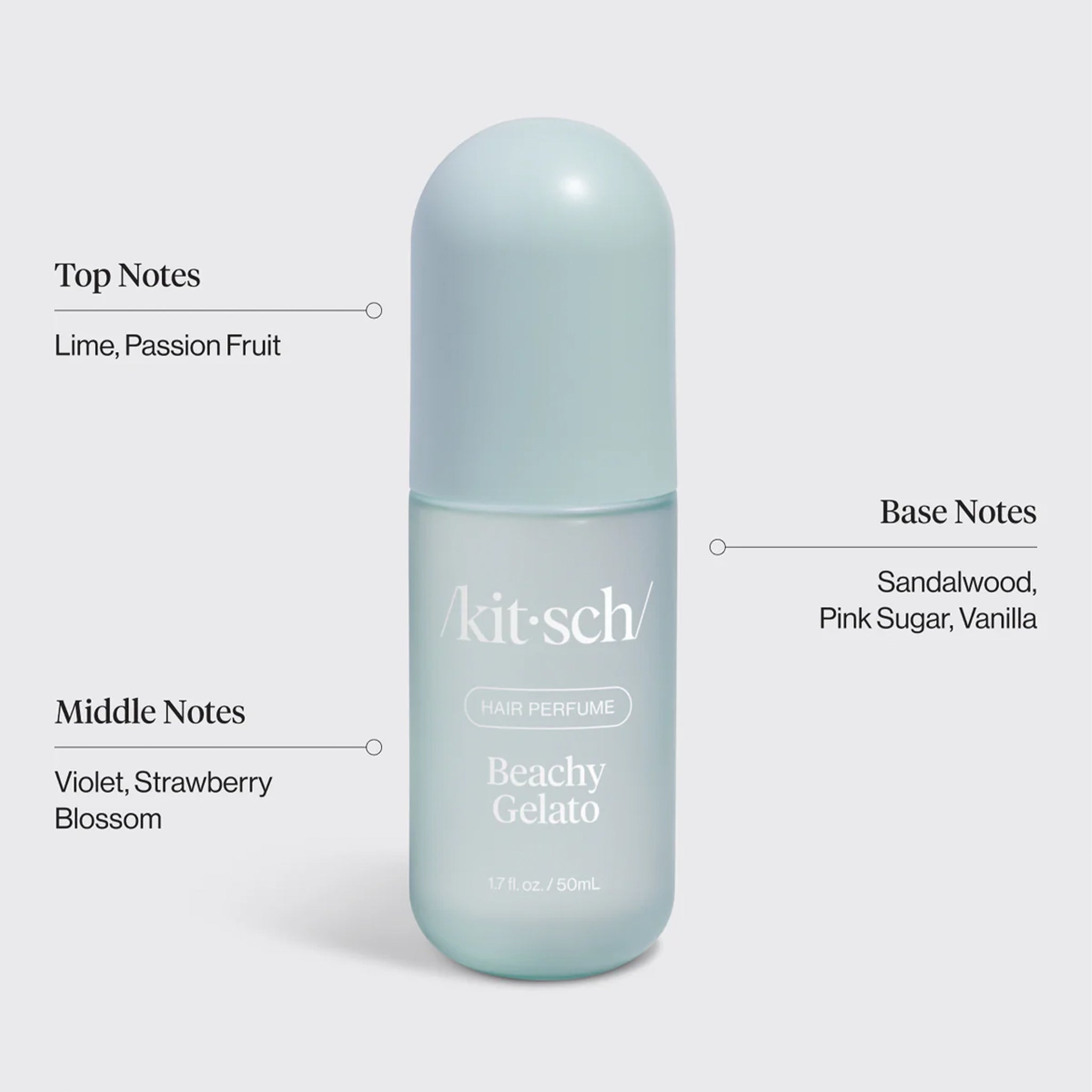 A blue hair spray bottle that reads, "kitsch Beachy Gelato". 