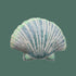 A green and teal beaded shell shaped pillow. 