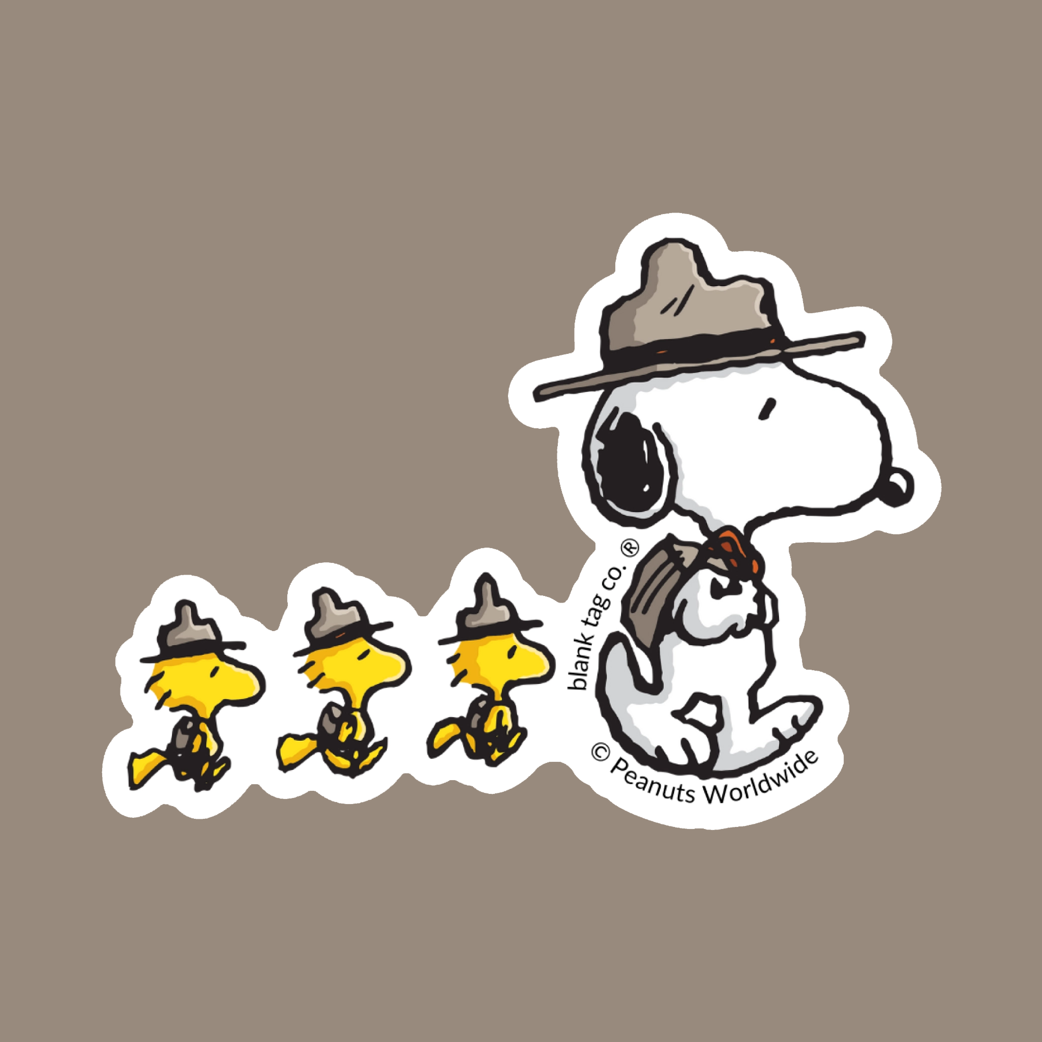 Snoopy in beagle scout costume with 3 woodstock birds following behind.