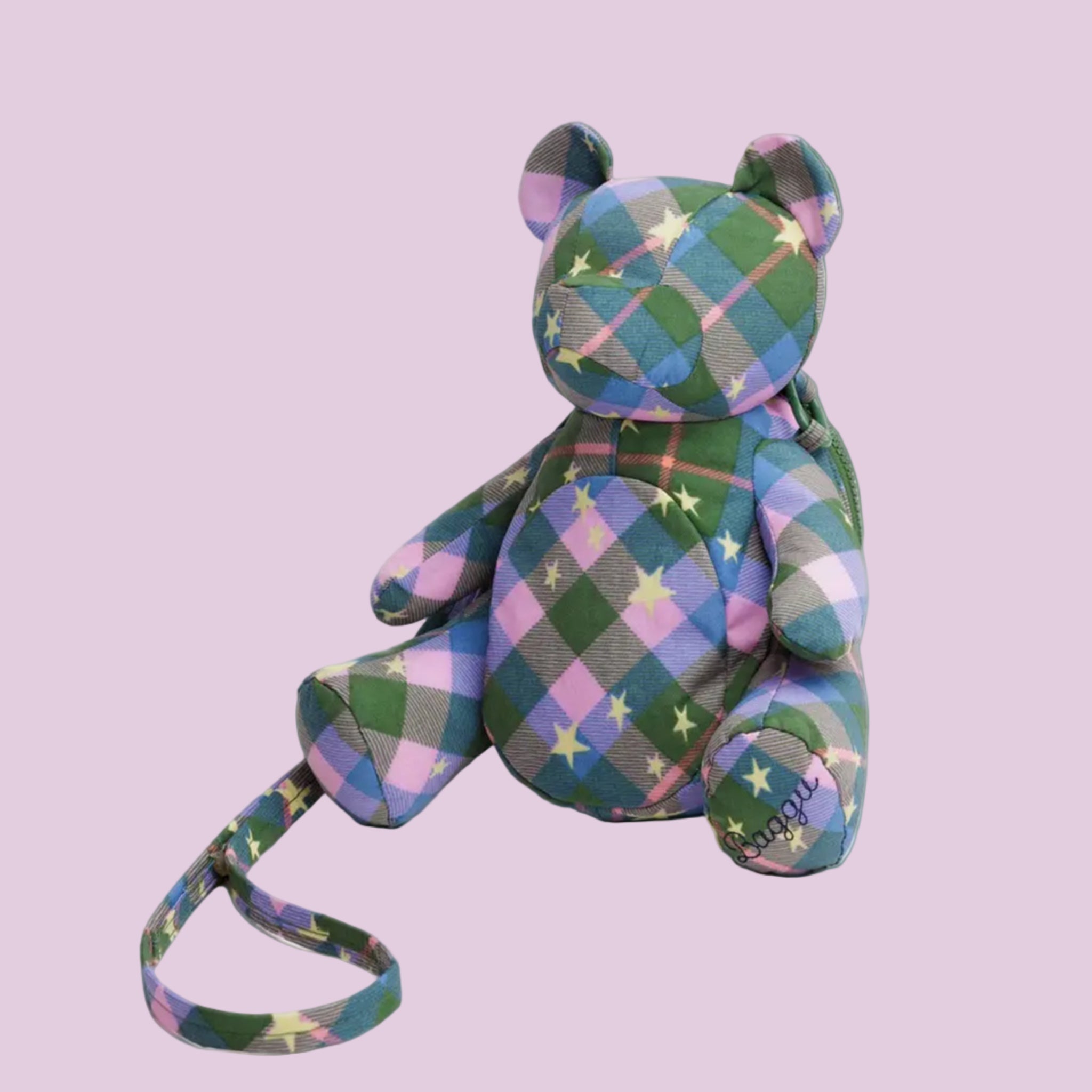 A plaid green, pink and blue bear shaped cross body bag with yellow star details. 