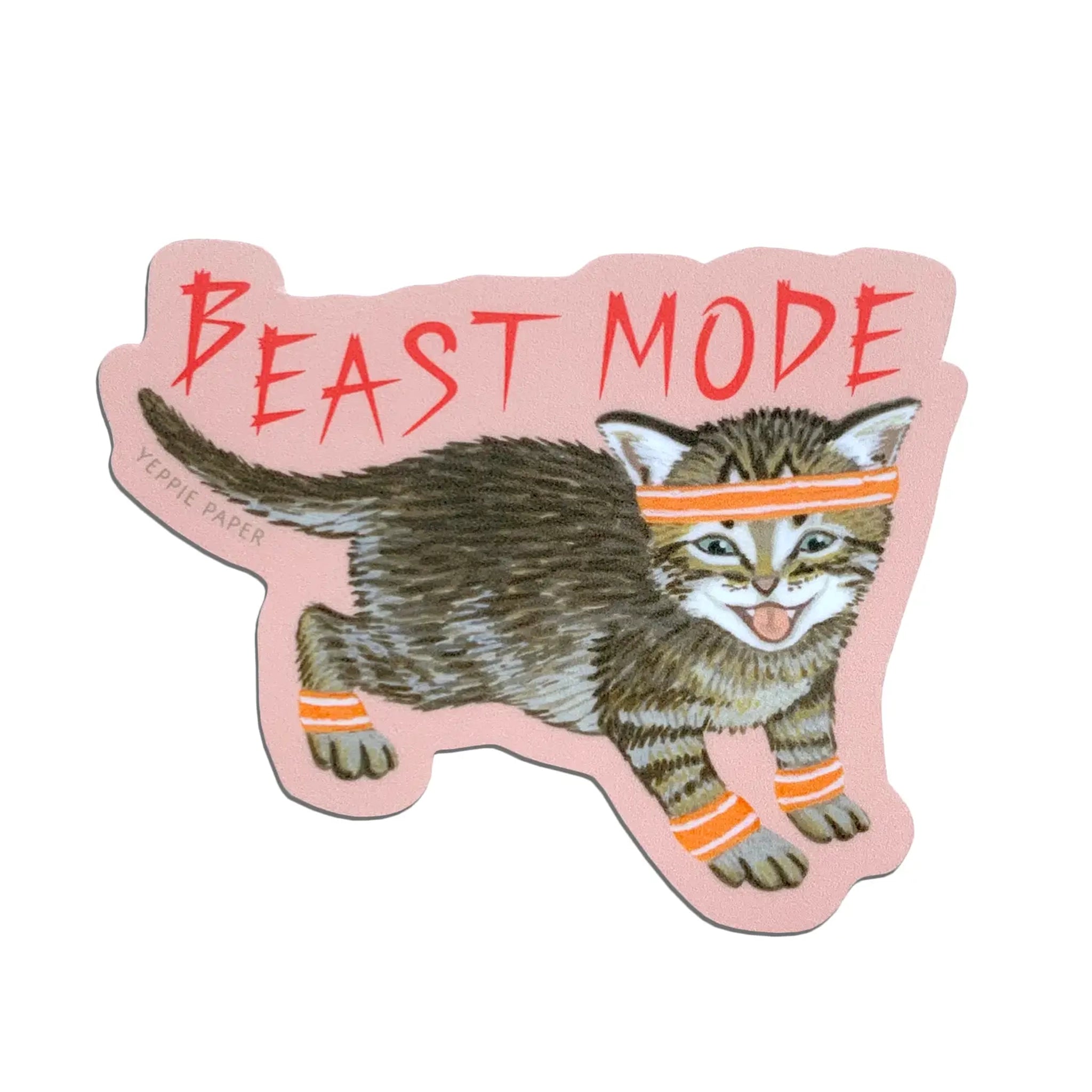 On a white background is a pink outlined sticker of a kitten meowing with sweatbands and red text above that reads, &quot;Beast Mode&quot;. 