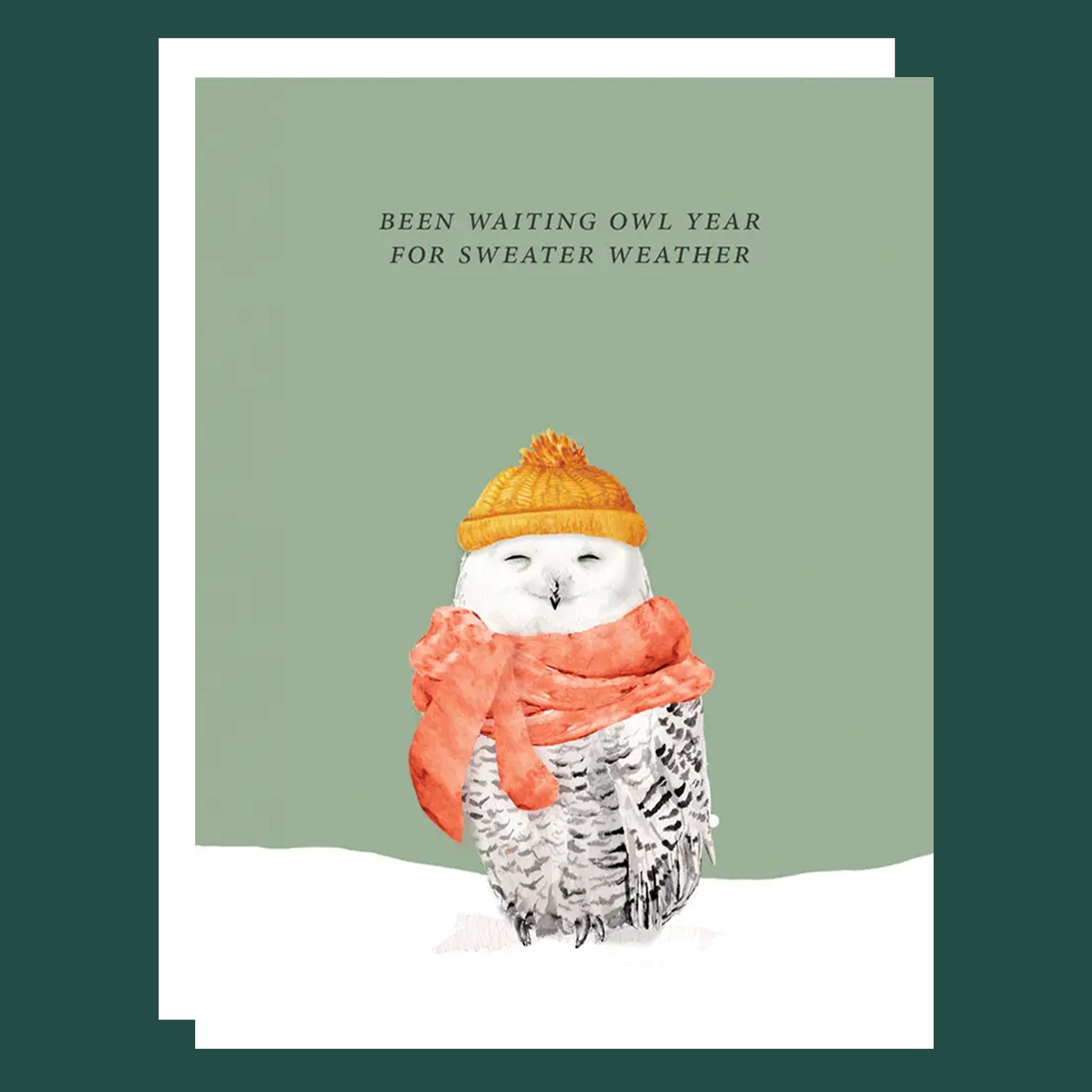A green card with an illustration of an owl and text at the top that reads, 'Been waiting owl year for sweater weather'. 