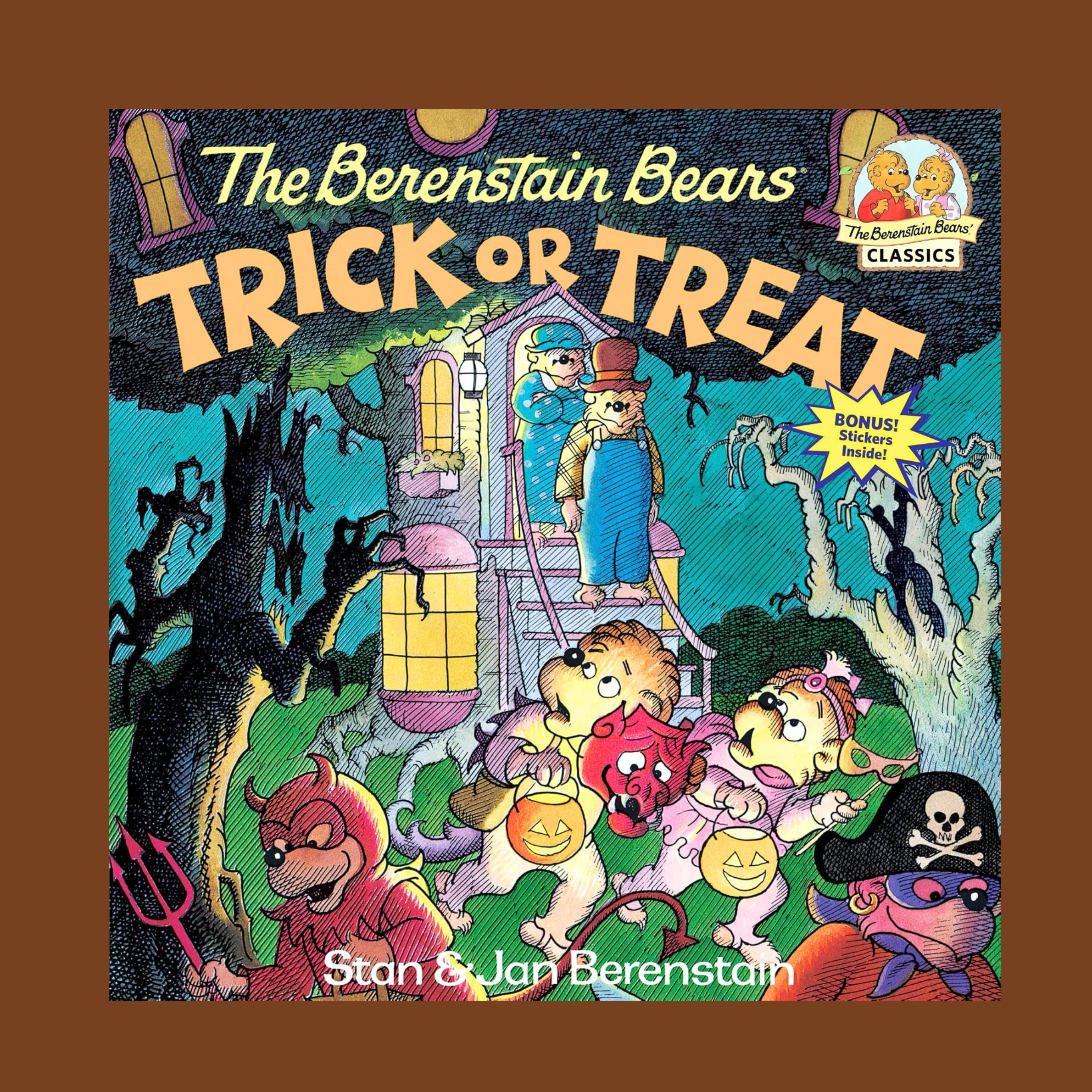 The Berenstain Bears 'Trick or Treat' book cover, featuring the family bears in Halloween costumes outside a haunted house. The cover is framed by a solid brown border, with the title in large orange letters and 'The Character Bears Classics' logo in the top right.