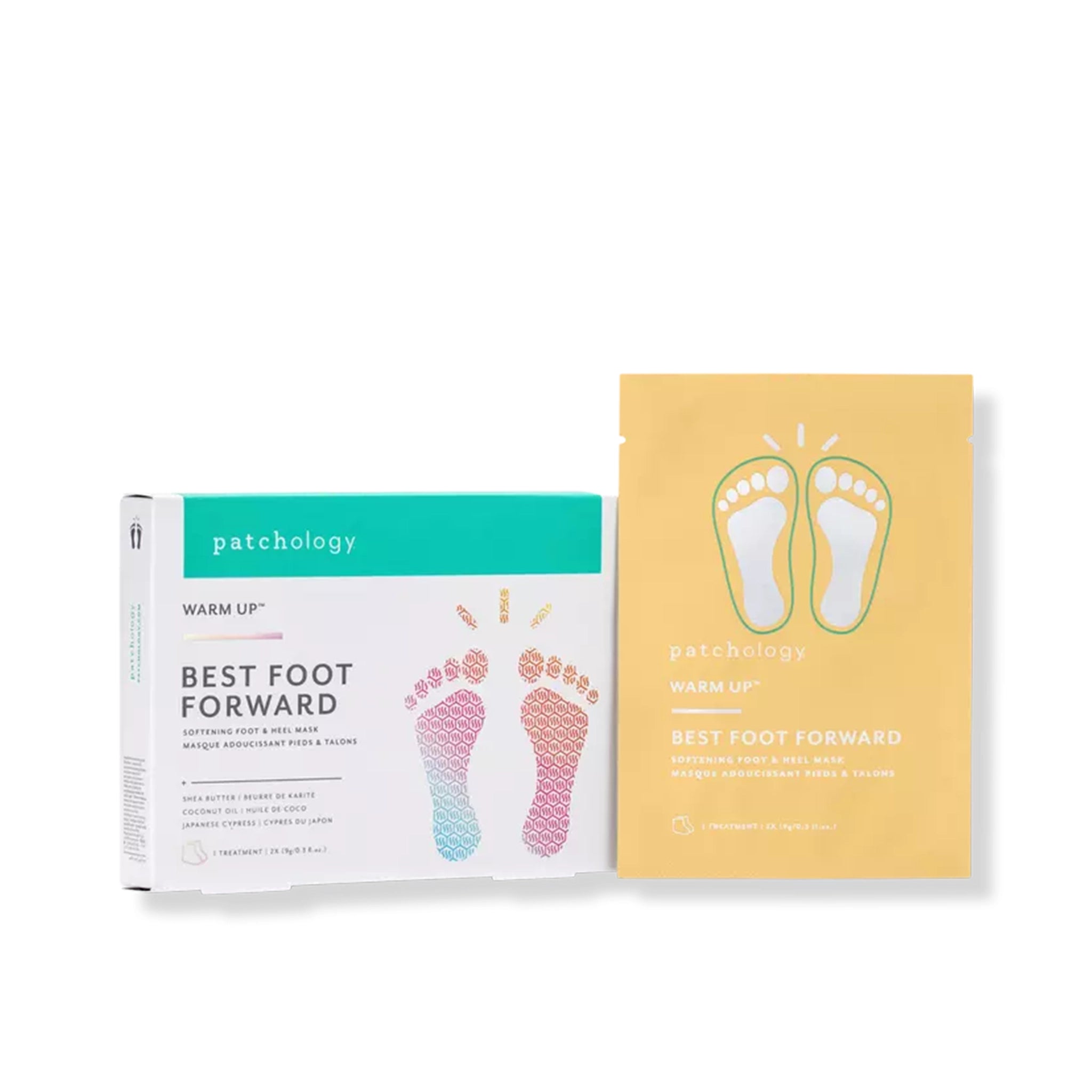 On a white background is a foot mask in the packaging that that has text that reads, "Best Foot Forward". 