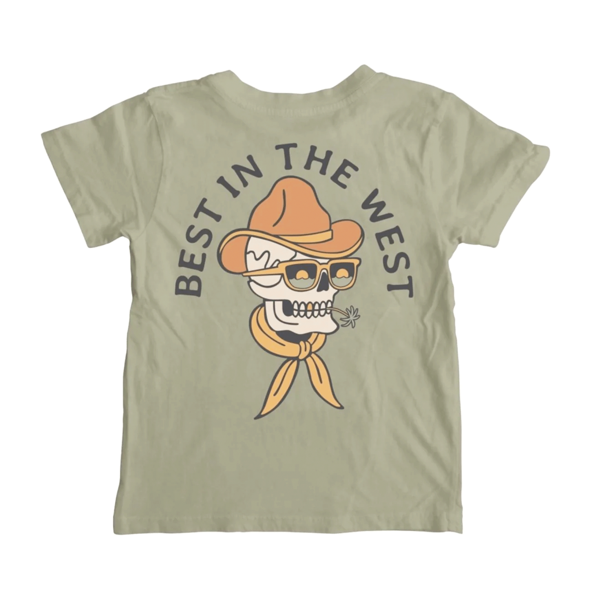 On a white background is a sage green children&#39;s t-shirt with a cowboy skull graphic on the back with text arched above the graphic that reads, &quot;Best In The West&quot;.  