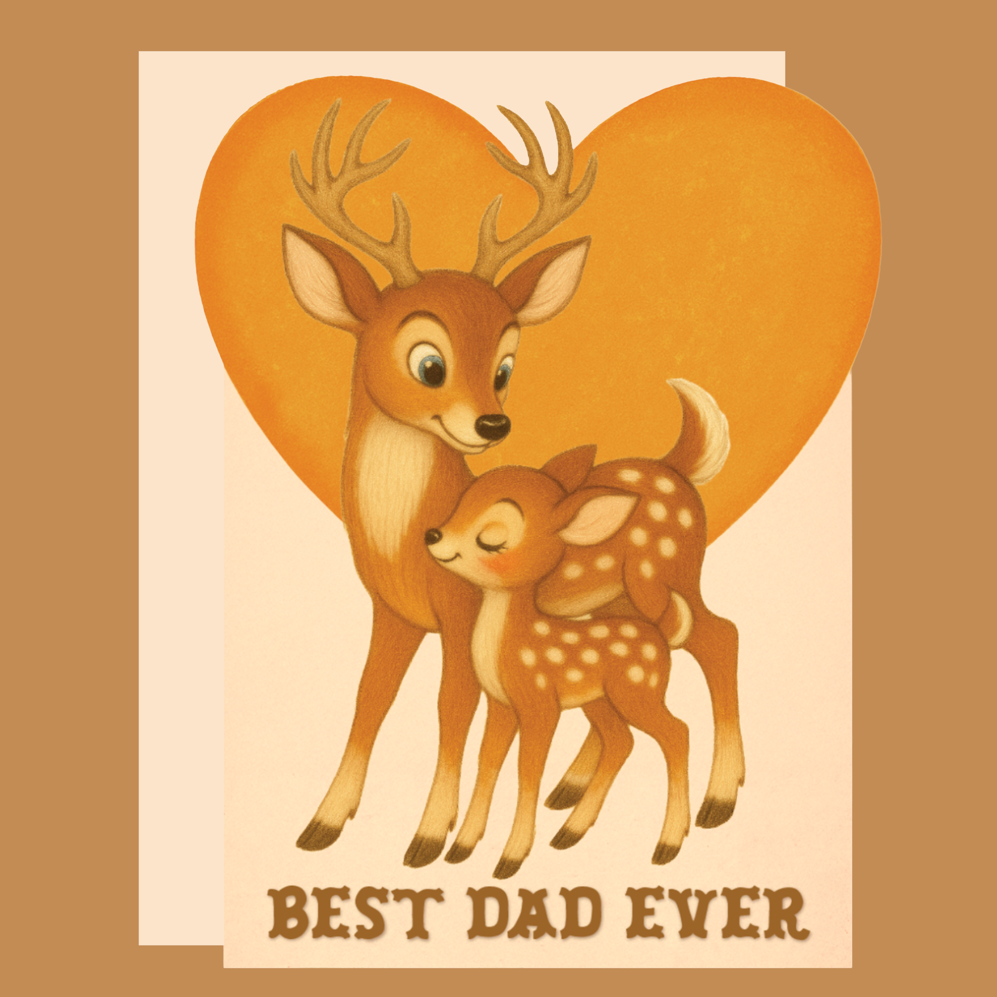 An illustrated greeting card with a buck and awn in front of a yellow heart on a tan background.