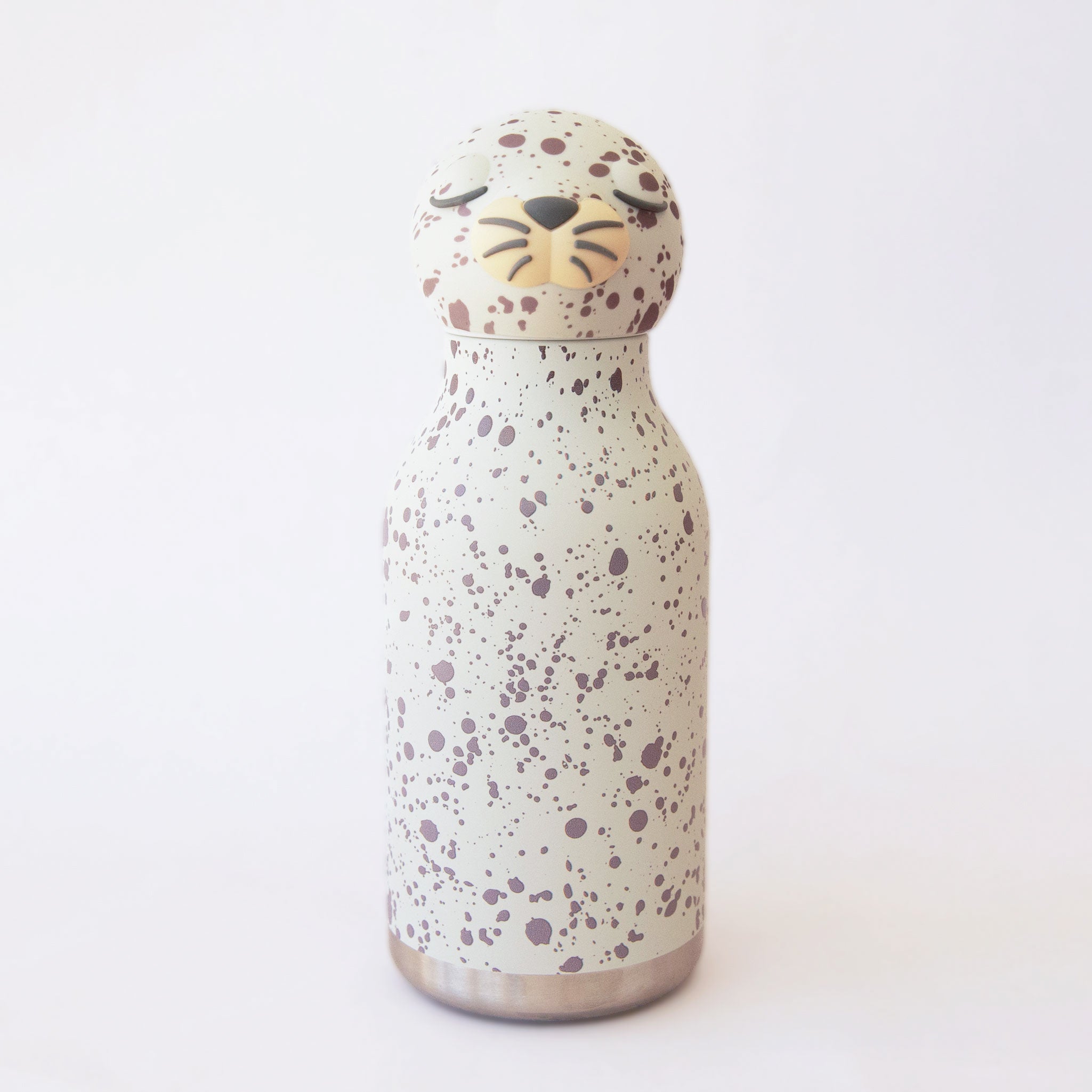 A light grey water bottle with a seal head as the lid.