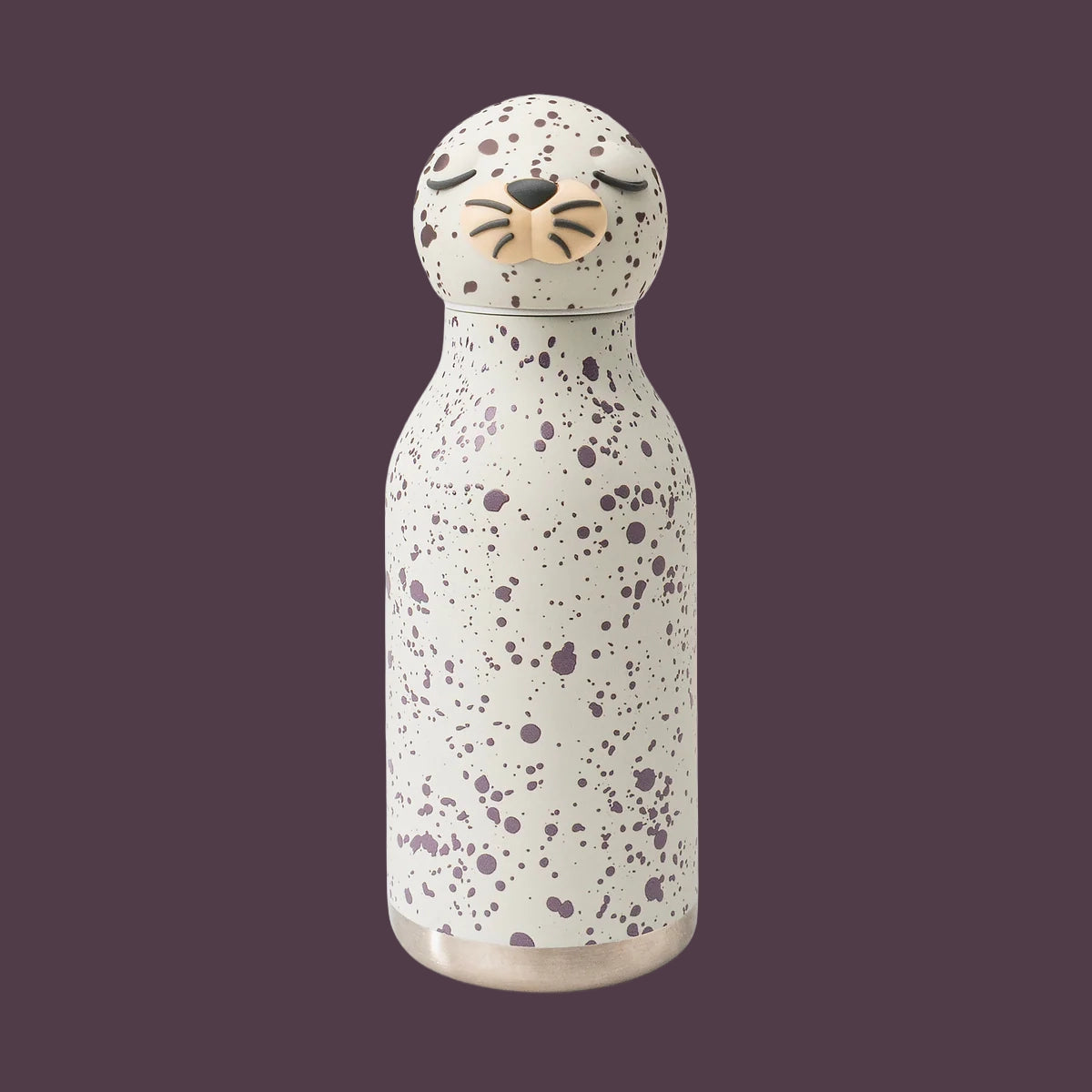 A light grey water bottle with a seal head as the lid.