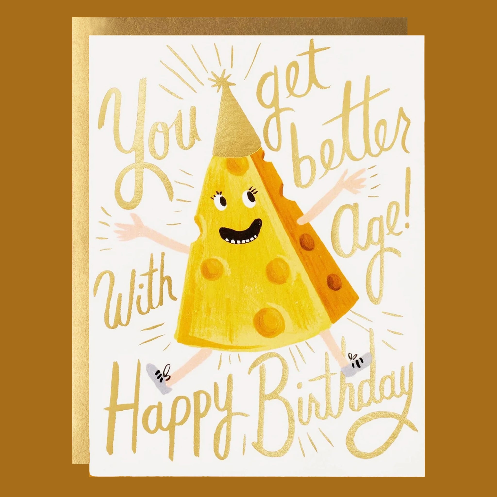 Birthday card with a cheese character and text on a white background