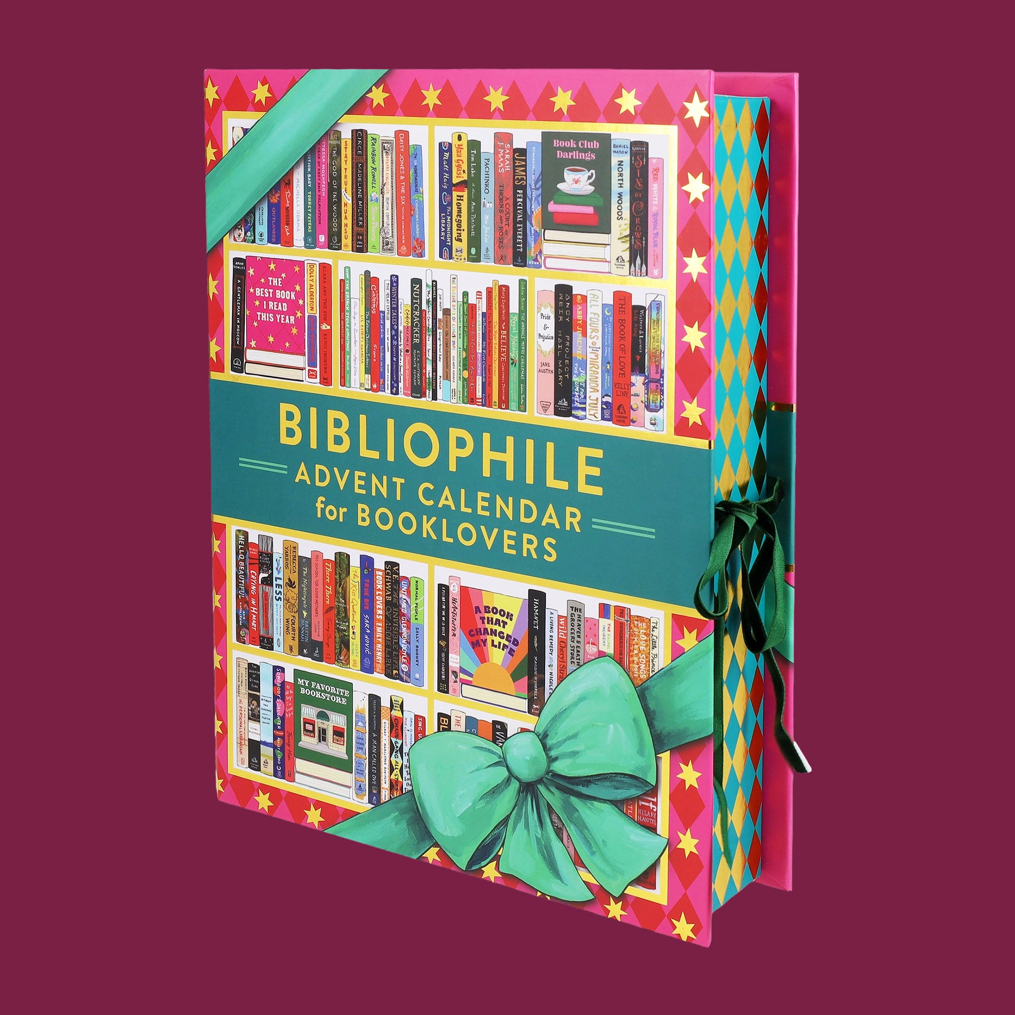 A box that reads "bibliophile advent calendar for booklovers" on a pink background.