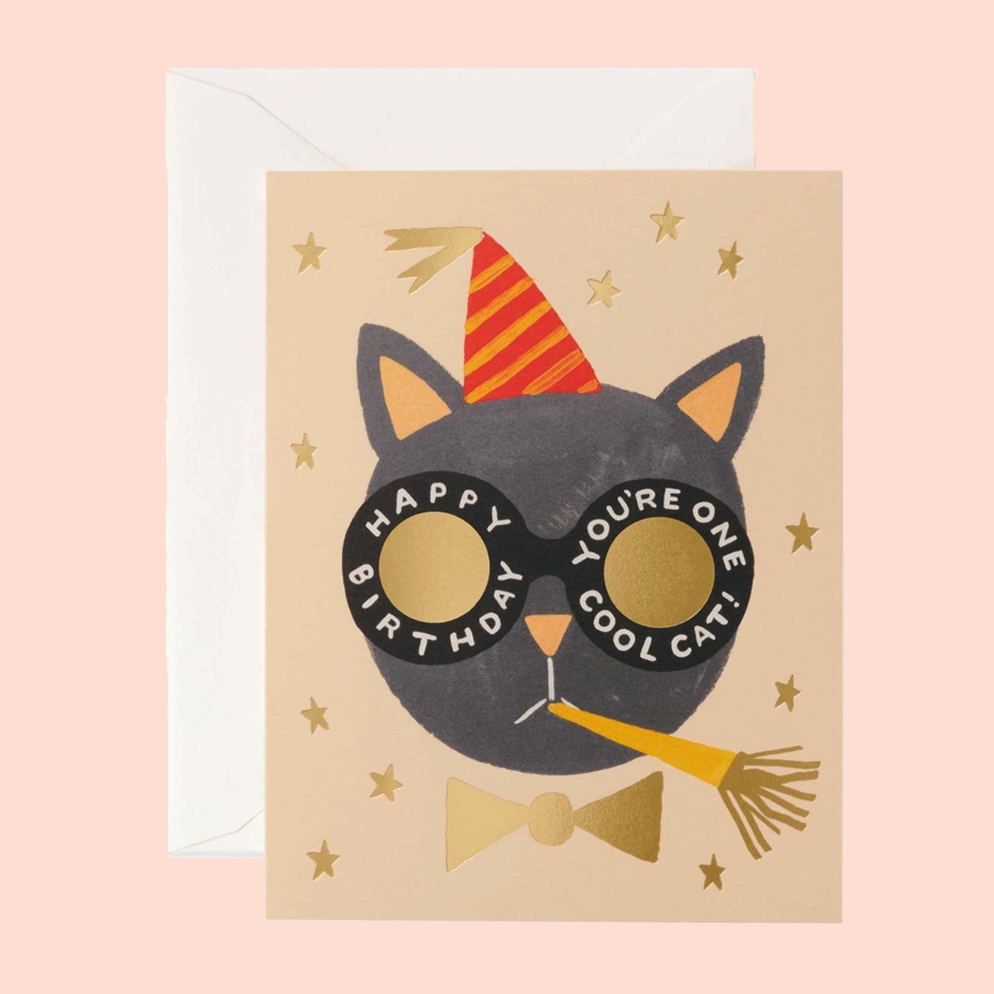A birthday card with an illustration of a cat head with round glasses on that reads, "Happy Birthday You're One Cool Cat!" along with wearing a birthday hat. 