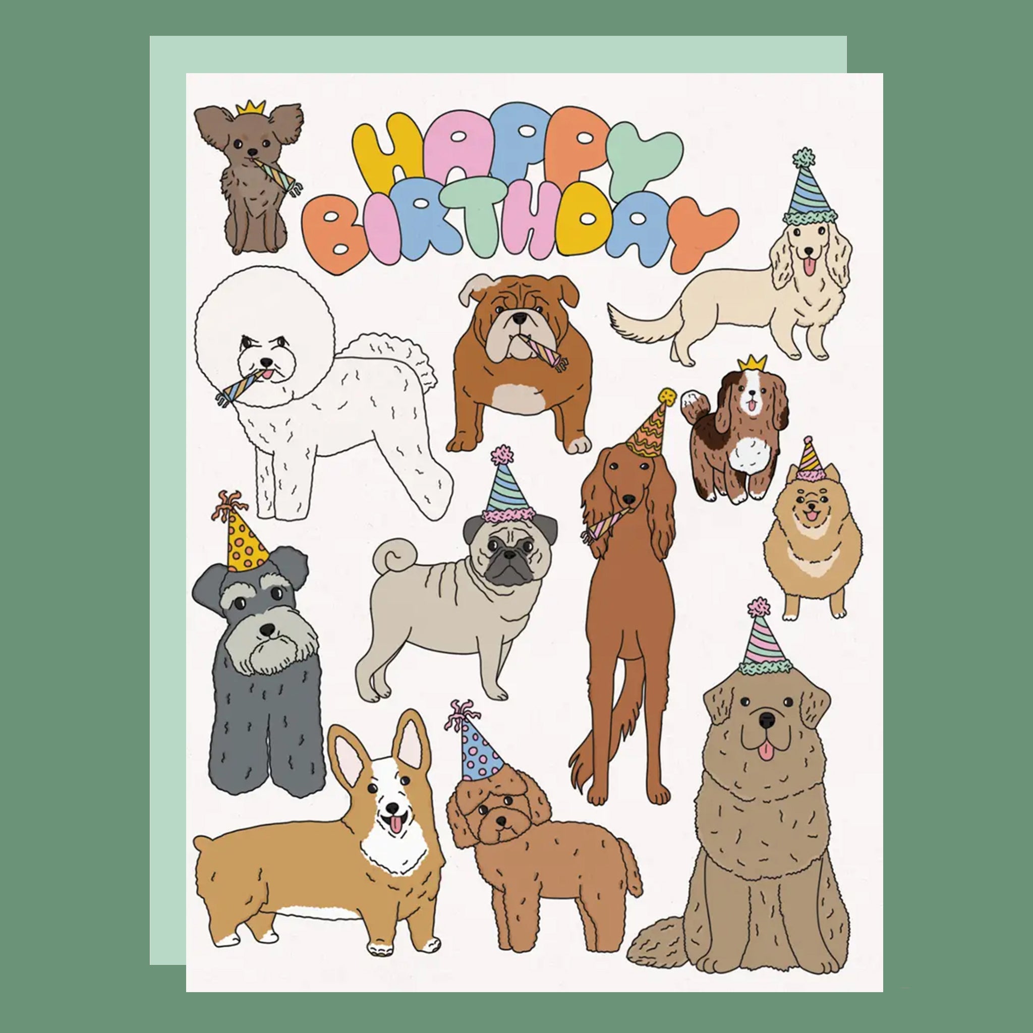 A white birthday card with a variety of dog breed graphics and multi colored text at the top that reads, "Happy Birthday". 