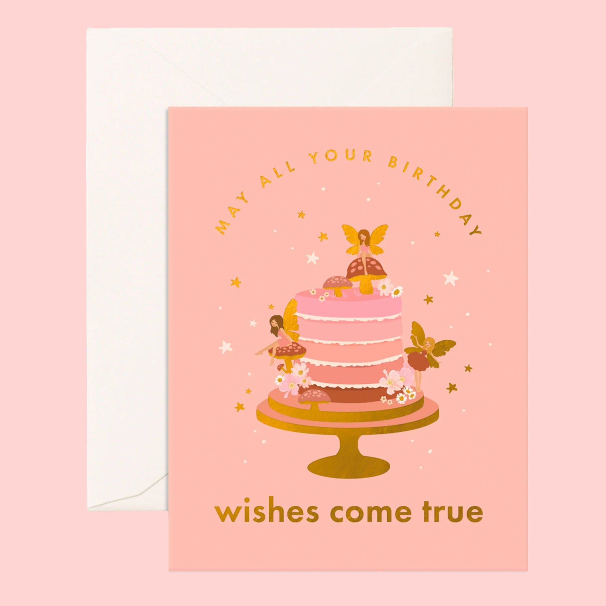 On a pink background is a pink card with a graphic of a birthday cake with gold foil text that reads, &quot;May All Your Birthday wishes come true&quot;. 