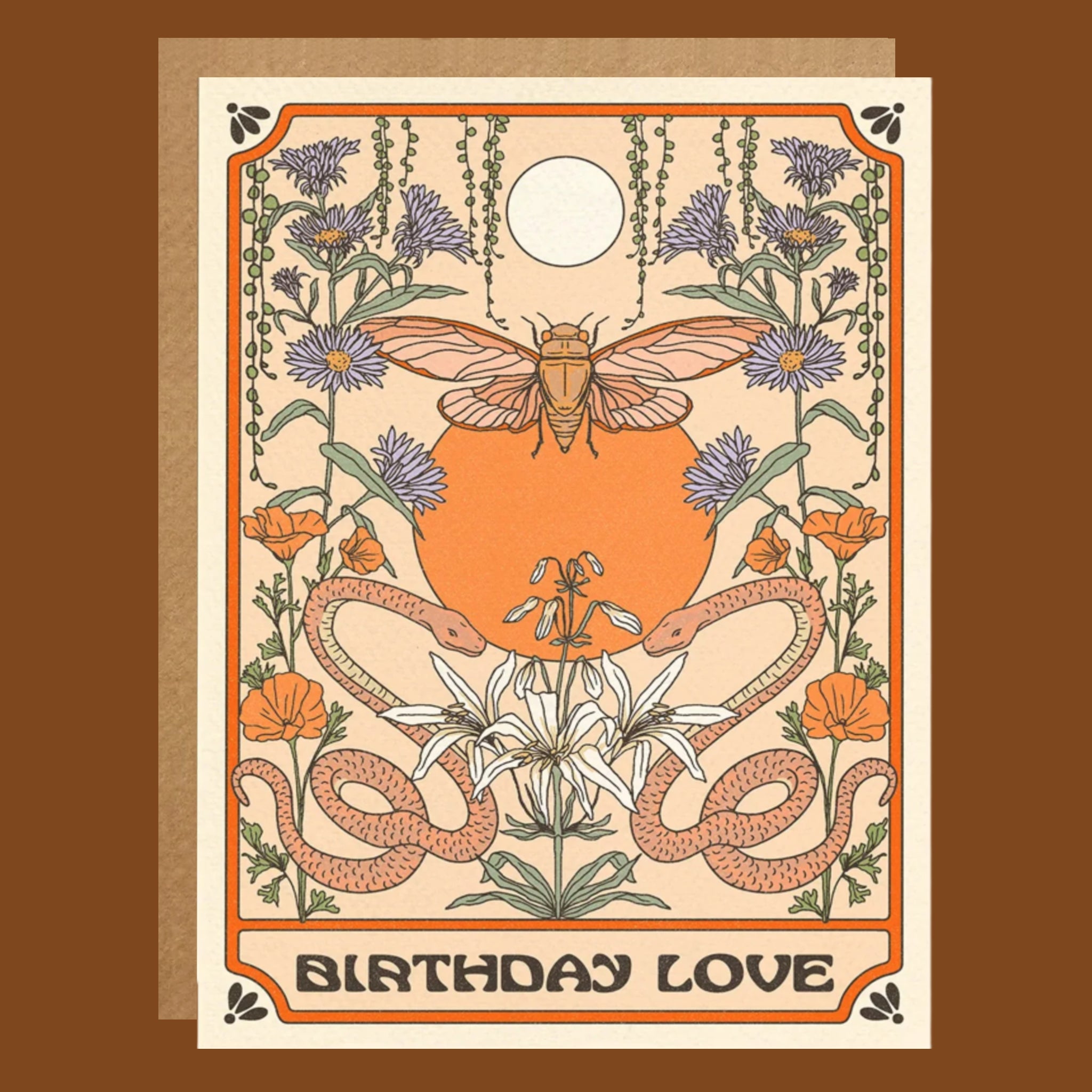 Greeting card with a cicada, snake, and flowers on a brown background