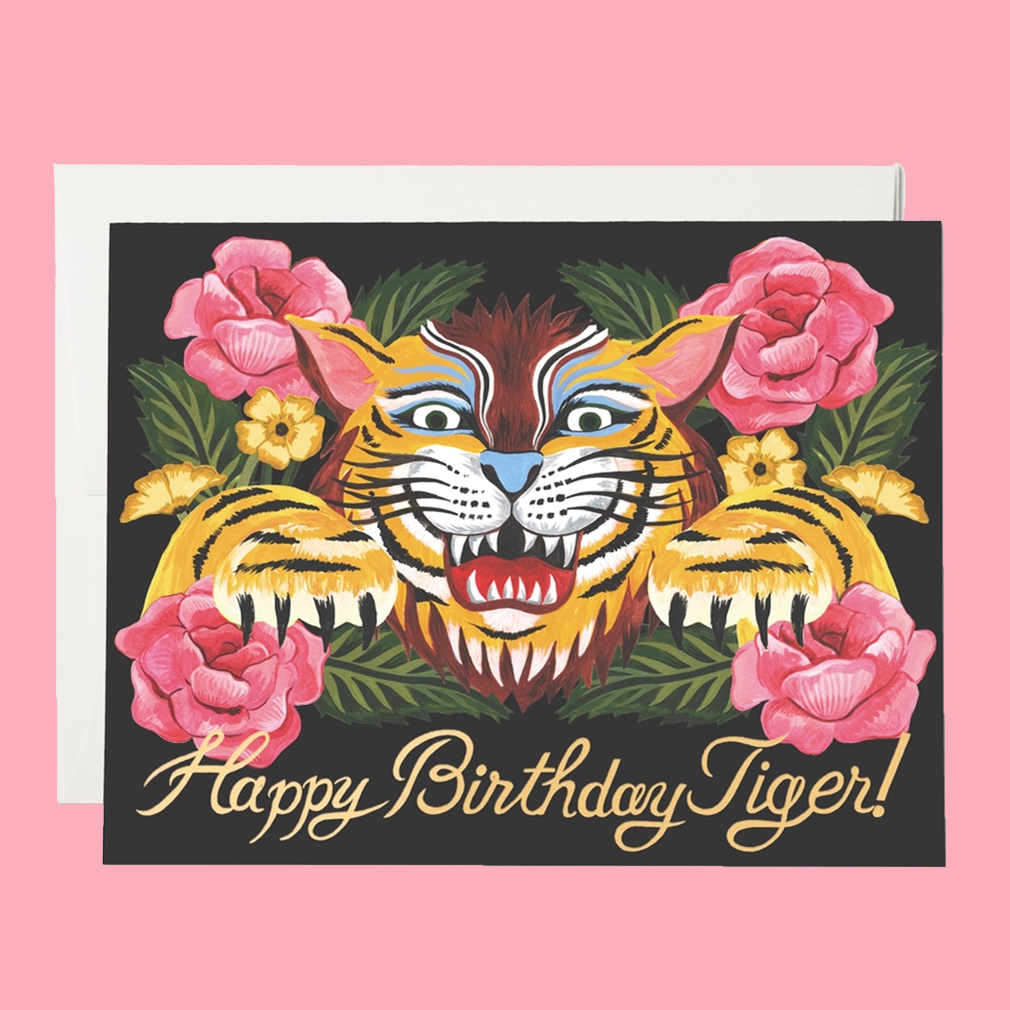 A card with a graphic of a tiger and flowers along with text at the bottom that reads, &quot;Happy Birthday Tiger!&quot;. 