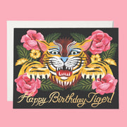 A card with a graphic of a tiger and flowers along with text at the bottom that reads, "Happy Birthday Tiger!". 