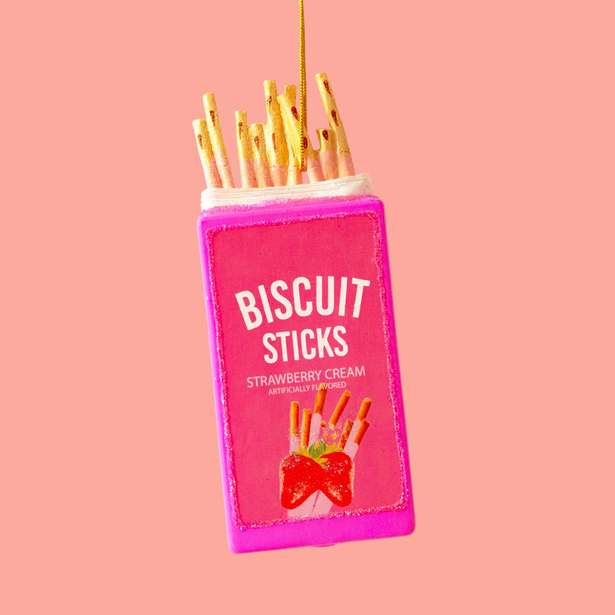 A rectangle glass ornament in the shape of Biscuit Sticks in a hot pink hue. 