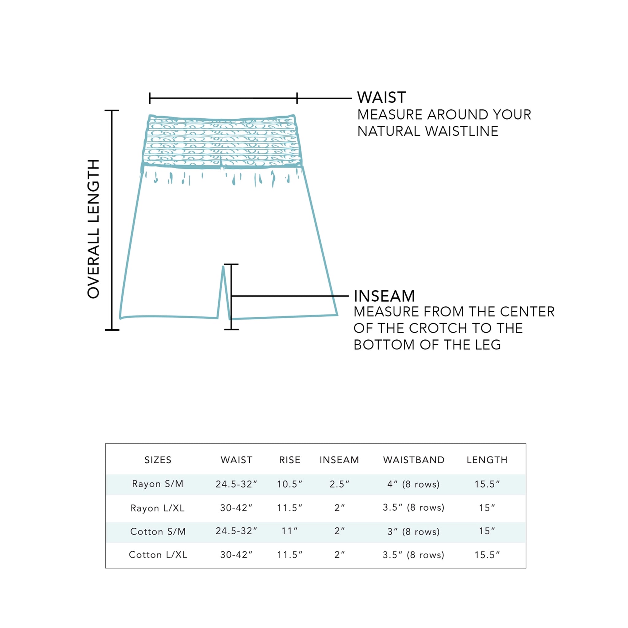 A sizing guide chart for the black cotton shorts. 