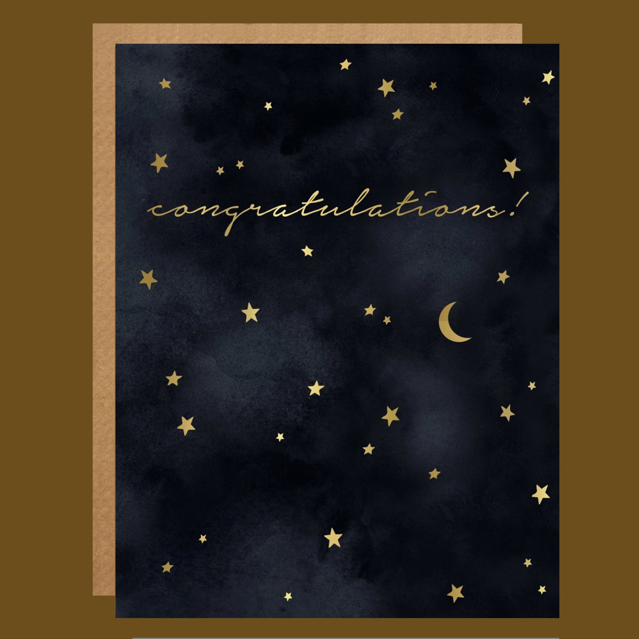 Greeting card with gold stars and moon on a dark blue background, featuring the word 'congratulations'.