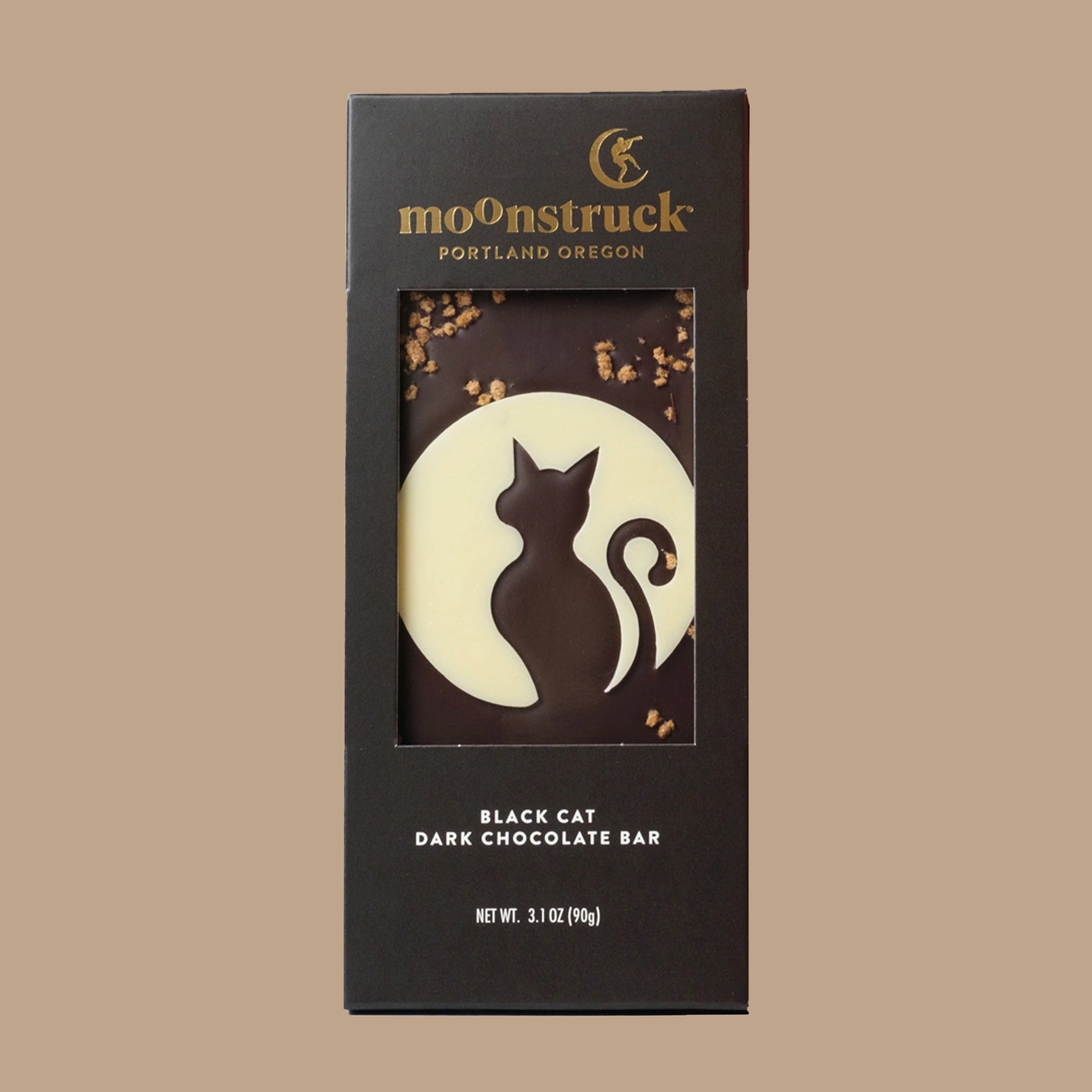 A black packaged dark chocolate bar with text that reads, 'Moonstruck Portland Oregon Black Cat Dark Chocolate Bar'. 