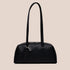 A black recycled leather handbag with shoulder straps. 