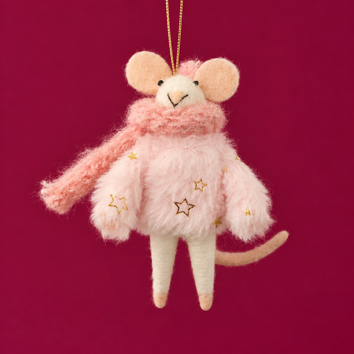 a felt mouse ornament dressed in a pink fuzzy sweater and scarf. 