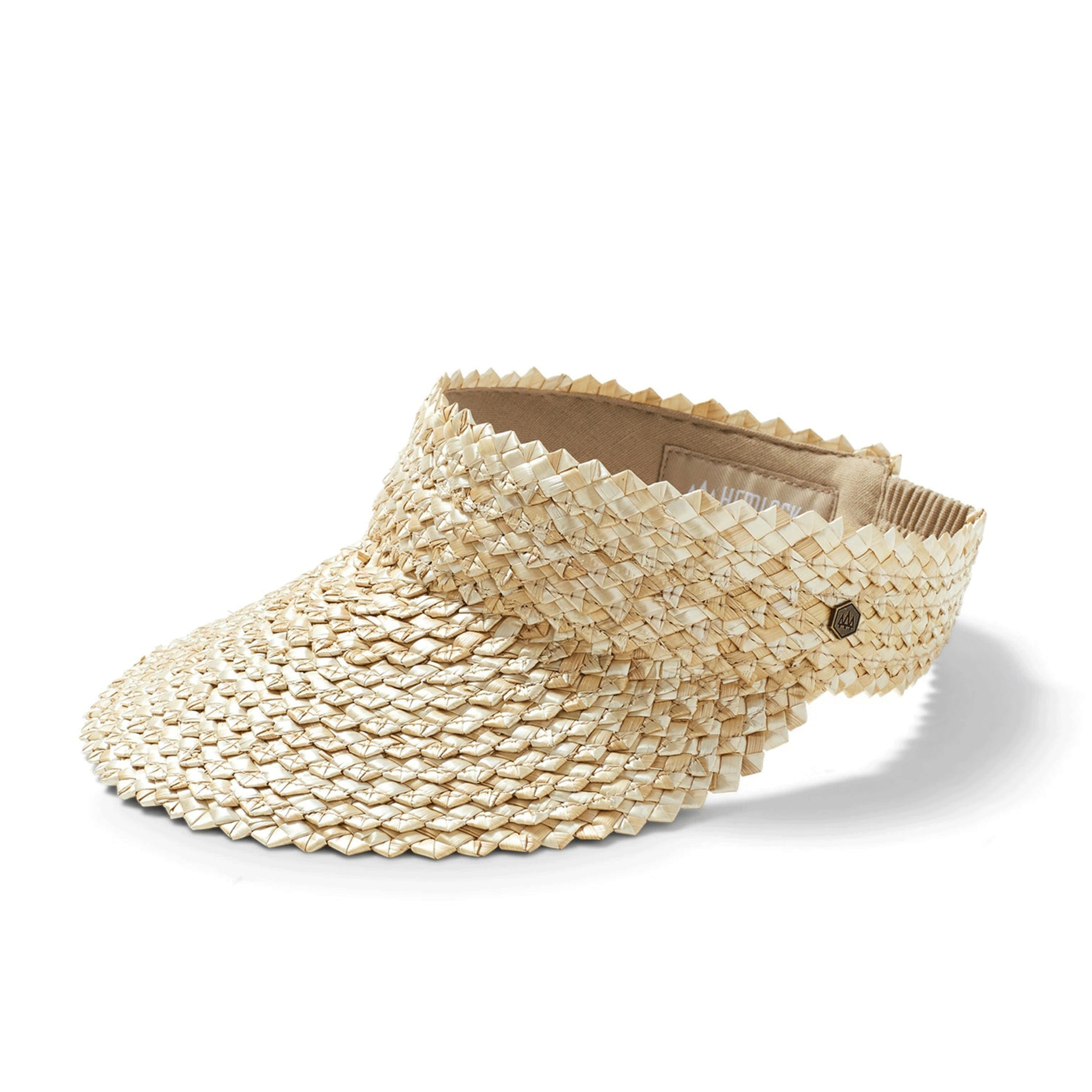 A hand woven what straw visor in a light blonde color. It features an elastic strap in the back that has slight give to fit most.