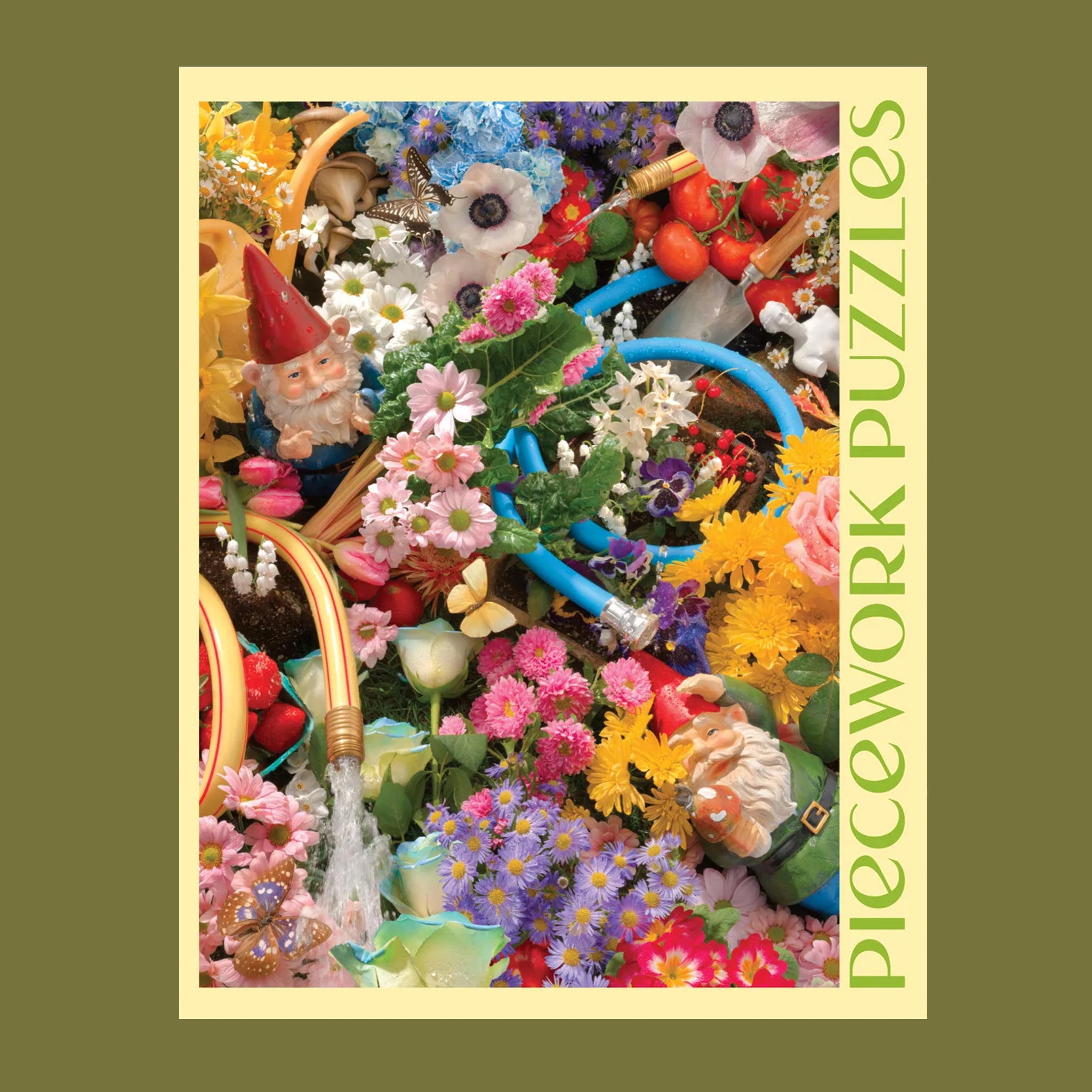 A yellow boxed puzzle with a floral print 1000 piece puzzle inside. 