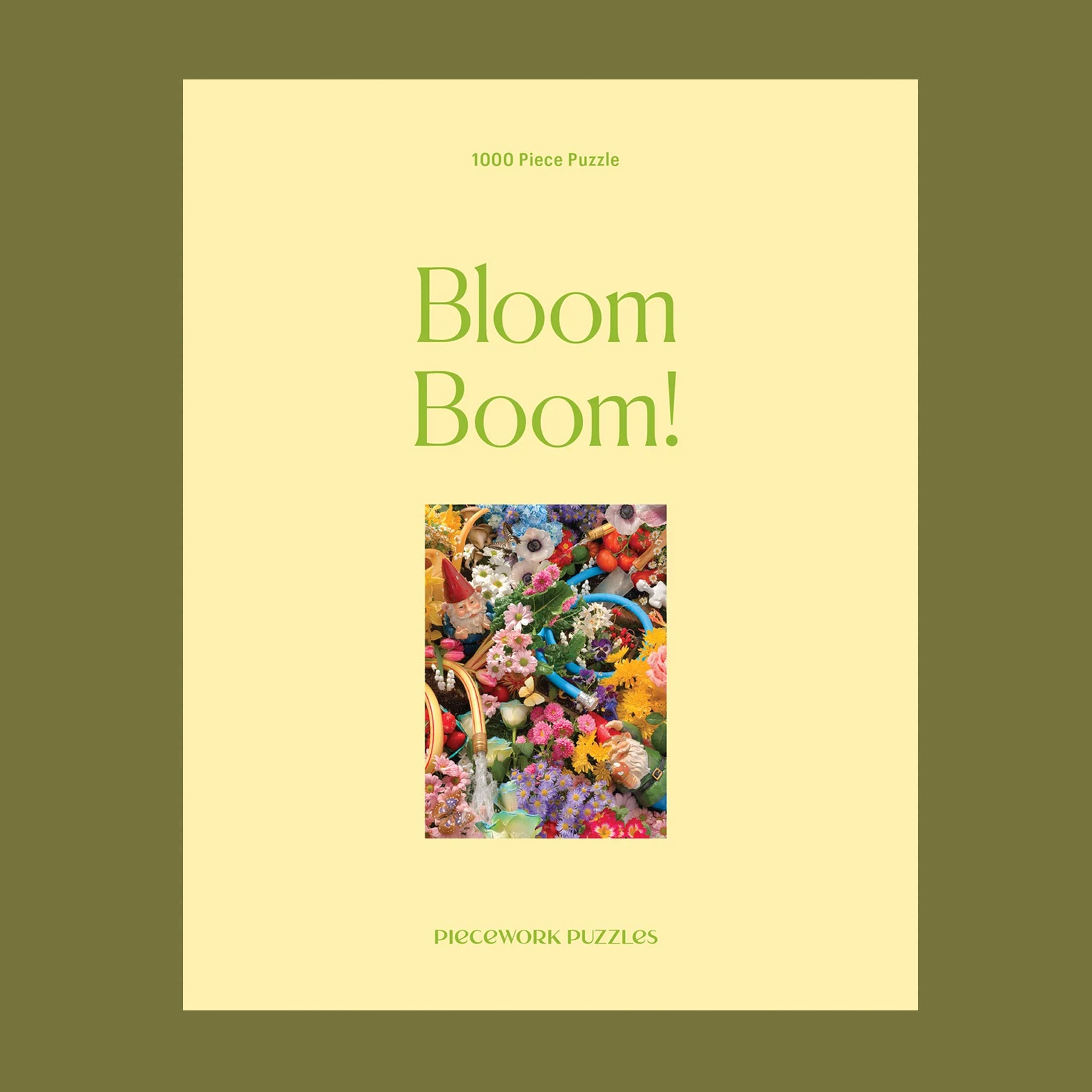 A yellow boxed puzzle with a floral print 1000 piece puzzle inside. 