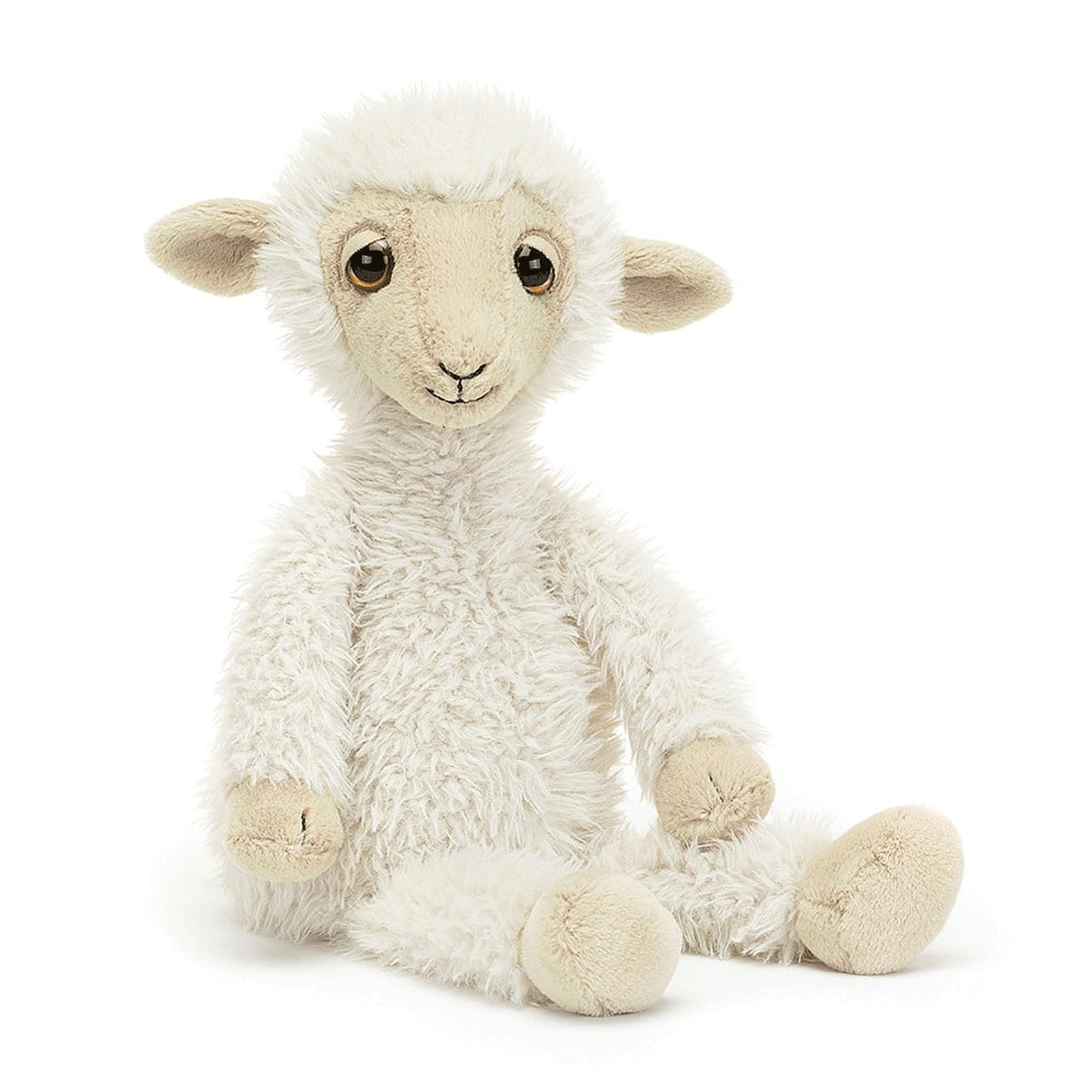 On a white background is an ivory stuffed animal sheep with sleepy eyes. 