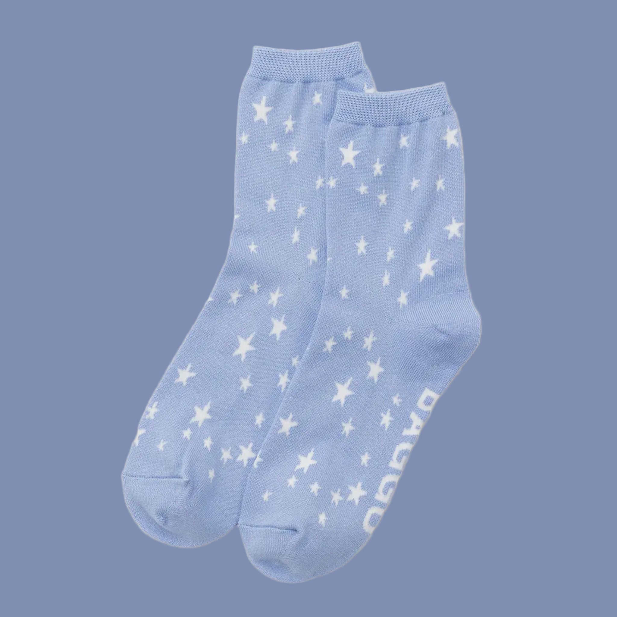 A light blue pair of socks with white stars.