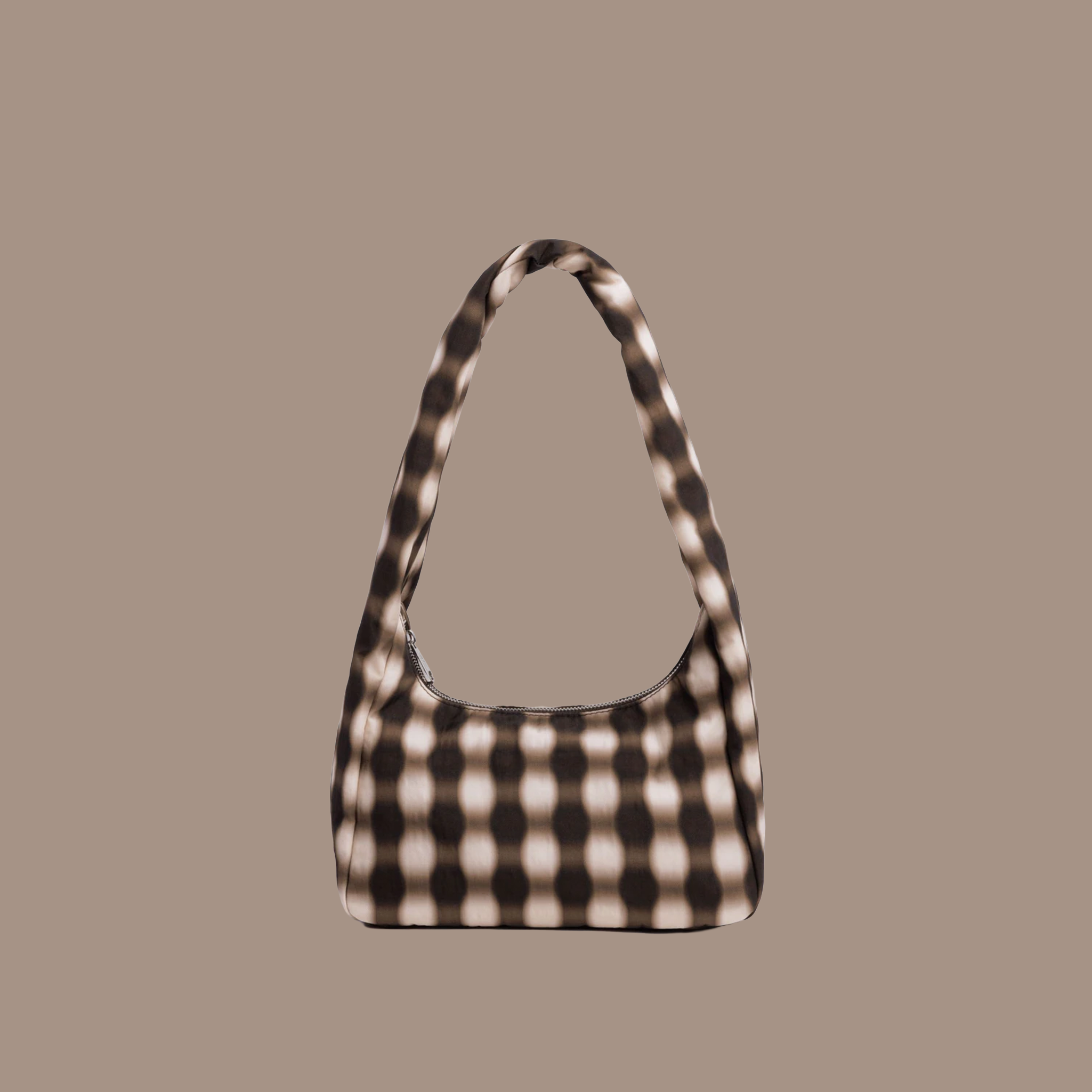 blurred brown gingham detailed nylon purse with zipper.
